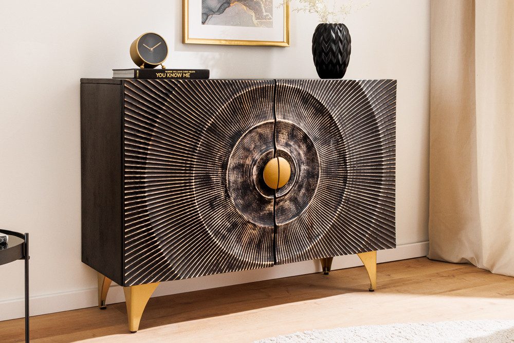 riess-ambiente Sideboard 100cm schwarz/gold - Mango-Massivholz, Metall, 3D-Front (Einzelartikel, 1 St), handgefertigt & lackiert - ideal für Wohn- und Esszimmer oder Flur