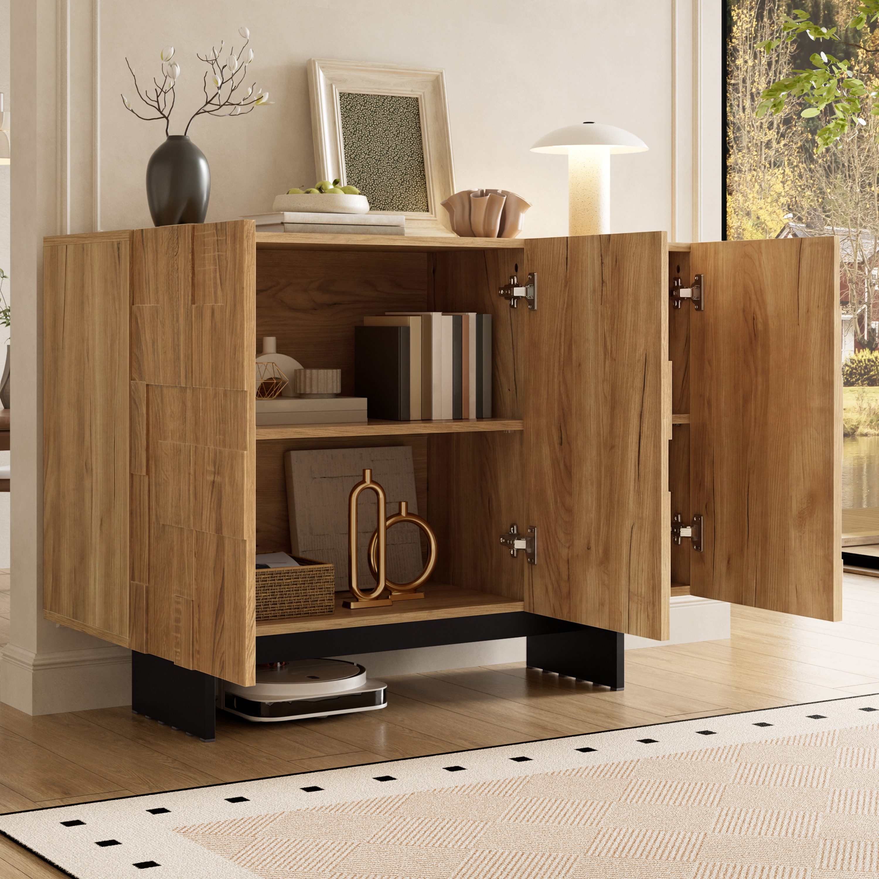 Flieks Sideboard mit geometrischer Strukturfront und verstellbaren Einlegeböden (1 St., 105x33,5x76 cm), französisches Mehrzweckschrank Wohnzimmerschrank Holzoptik Natur
