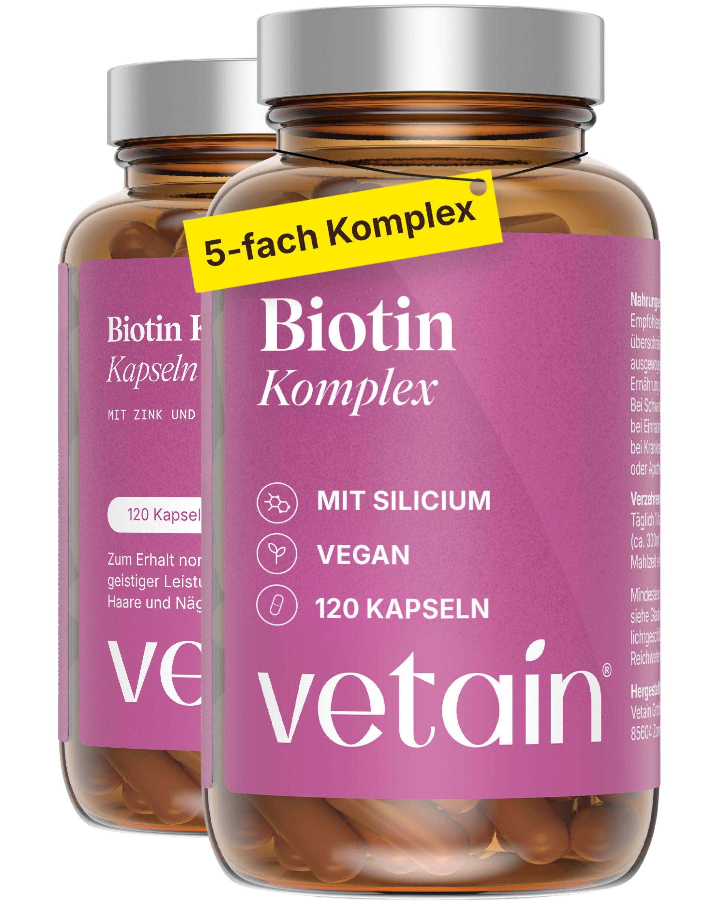 VETAIN Biotin Zink Selen - Mit Silizium & Vitamin B5 - Haare, Haut & Nägel Kapseln, 120 St., Hochdosiertes Biotin (5.000 µg) kombiniert mit Zink, Selen, Vitamin B5