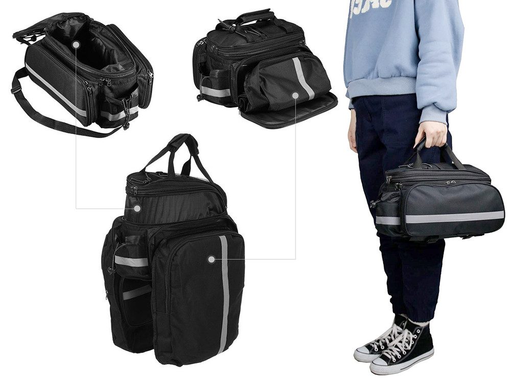 Verkgroup Gepäckträgertasche Großes Fahrradtaschen-Set mit 3 Fächern und Regenhülle (Multifunktionales Fahrradtaschen-Set für Gepäckträger, Fahrradtasche mit Regenhülle und Schultergurt, ideal für Touren), Reflektierend, erweiterbares Hauptfach, Regenhülle, Schultergurt