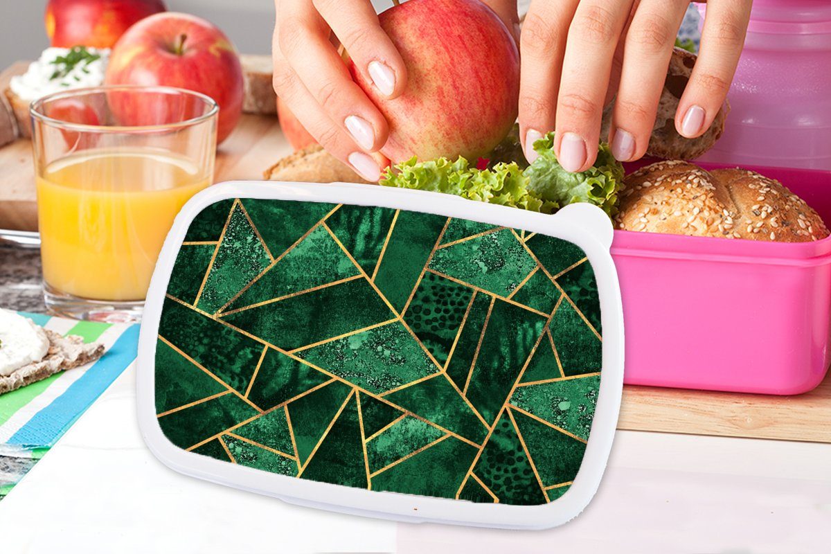 MuchoWow Lunchbox Smaragd Muster, Brotdose Kunststoff, Brotbox Kinder, für Erwachsene, rosa Abstrakt Mädchen, - Kunststoff - Snackbox, - Gold (2-tlg)