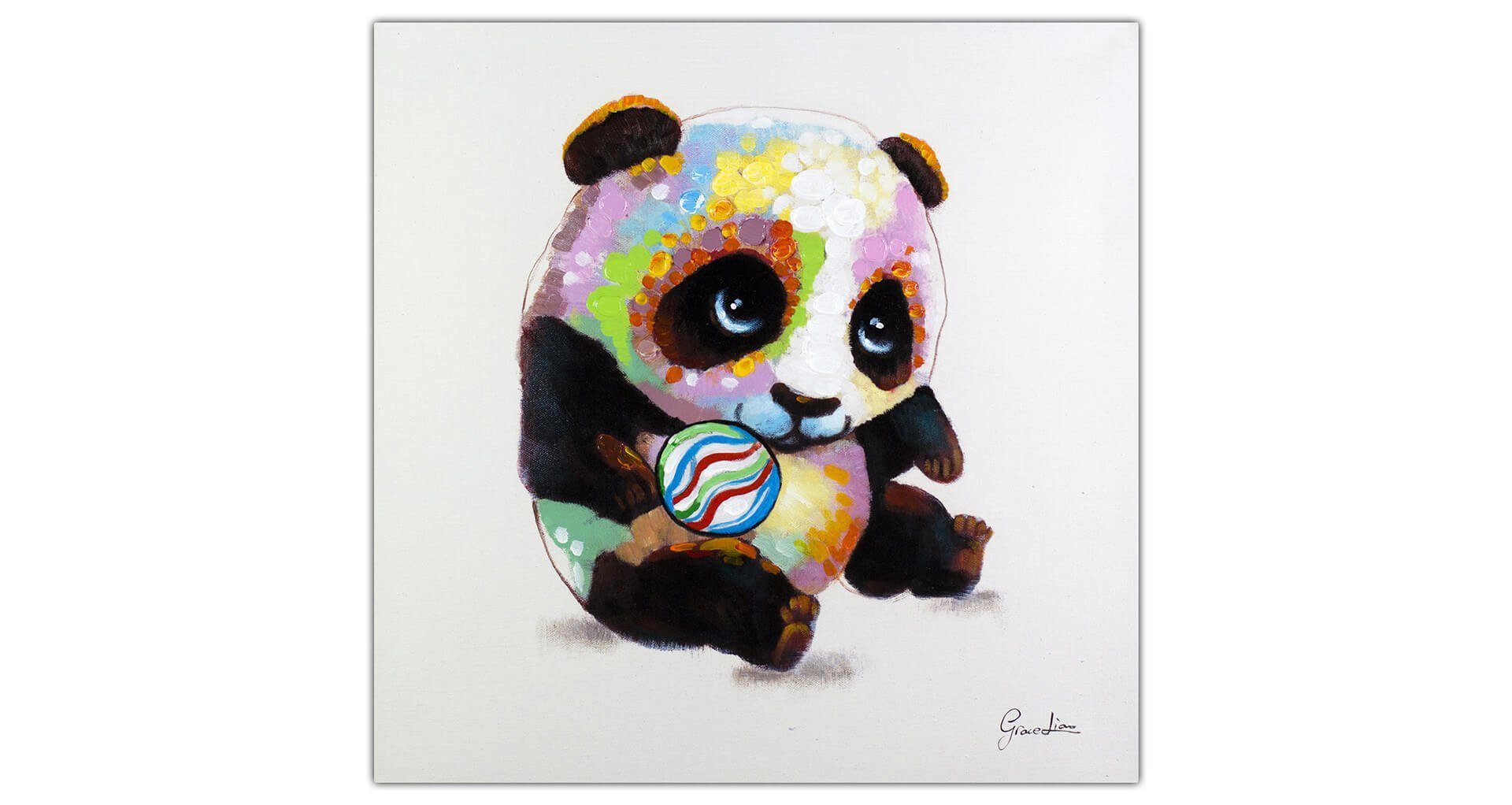 Panda Spielender Wohnzimmer Wandbild Leinwandbild 100% HANDGEMALT 60x60 Gemälde cm, KUNSTLOFT