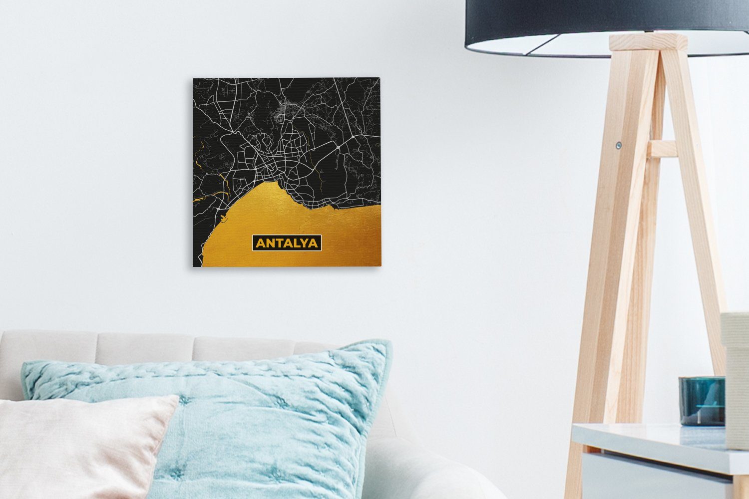 Schlafzimmer Antalya - Leinwand OneMillionCanvasses® Bilder für (1 St), Gold Leinwandbild Stadtplan, - Karte - Wohnzimmer