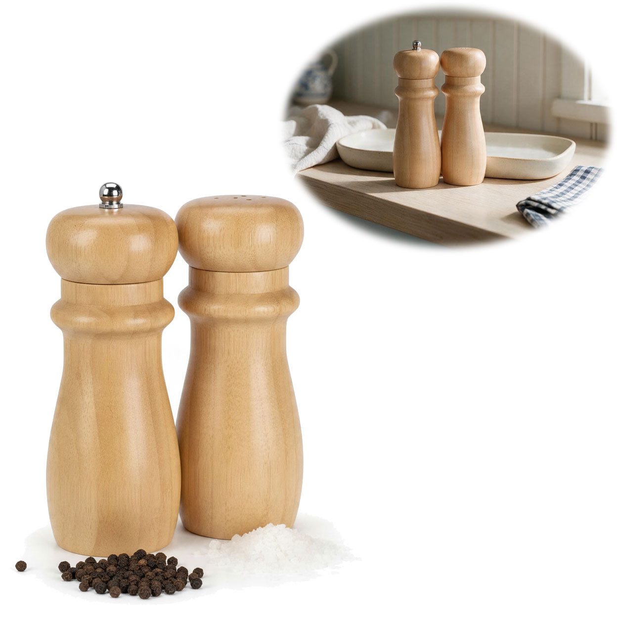 LS-LebenStil Salz-/Pfeffermühle Holz Salzstreuer & Pfeffermühle FSC Bambus 16cm Keramikmahlwerk Gewürz manuell, (2 Stück), Gewürzmühle grobes Salz schwarze Pfefferkörner Chili Muskatnuss