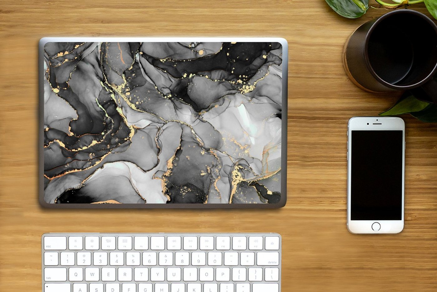 Thumbnail - MuchoWow Laptop-Aufkleber Marmor - Schwarz - Gold - Grau, (1tlg), Laptop Folien Cover, Aufkleber, Sticker, Schutz vor Kr...