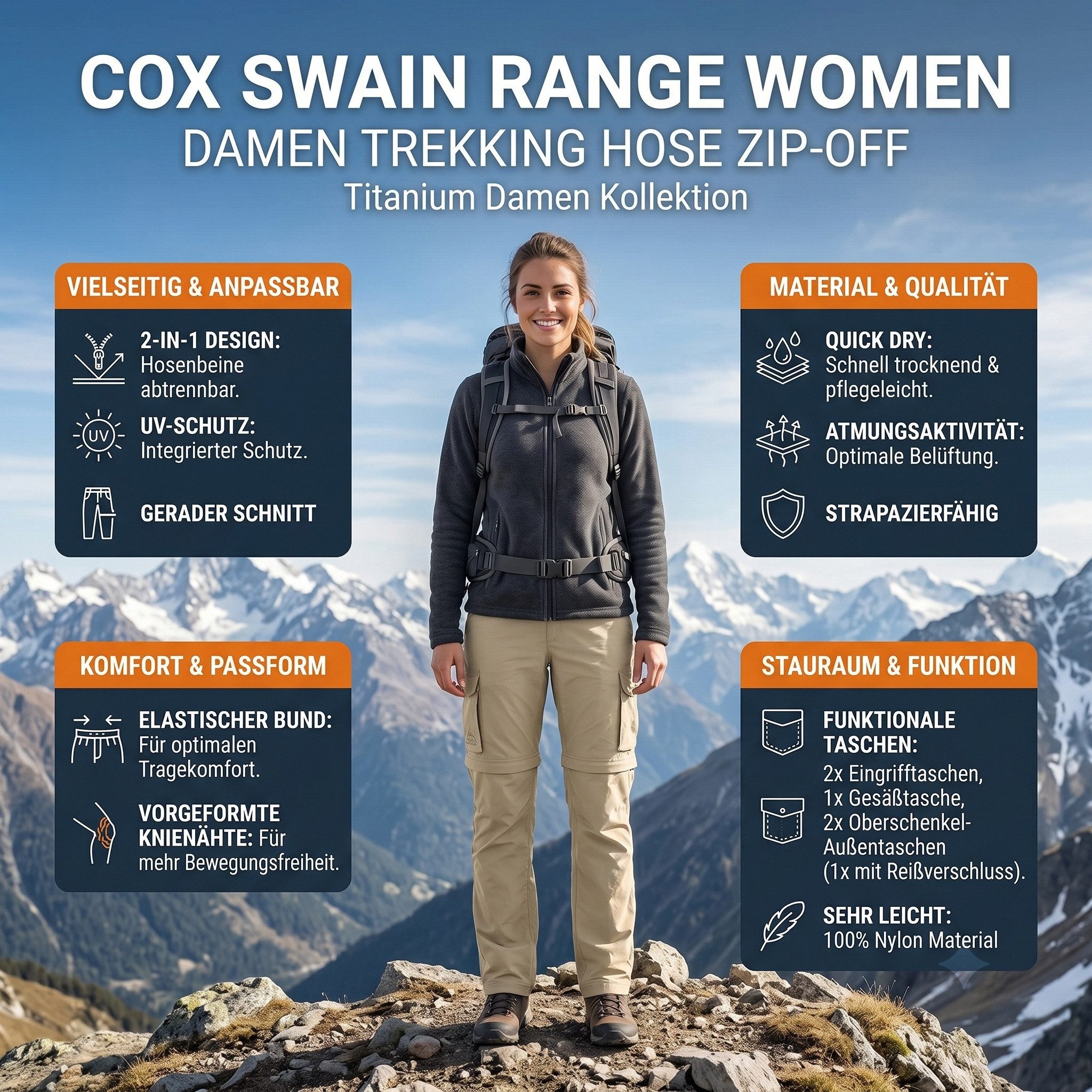 Cox Swain Trekkinghose Damen Outdoor‑Funktionshose, atmungsaktiv, schnelltrocknend leicht • robust • viele Taschen