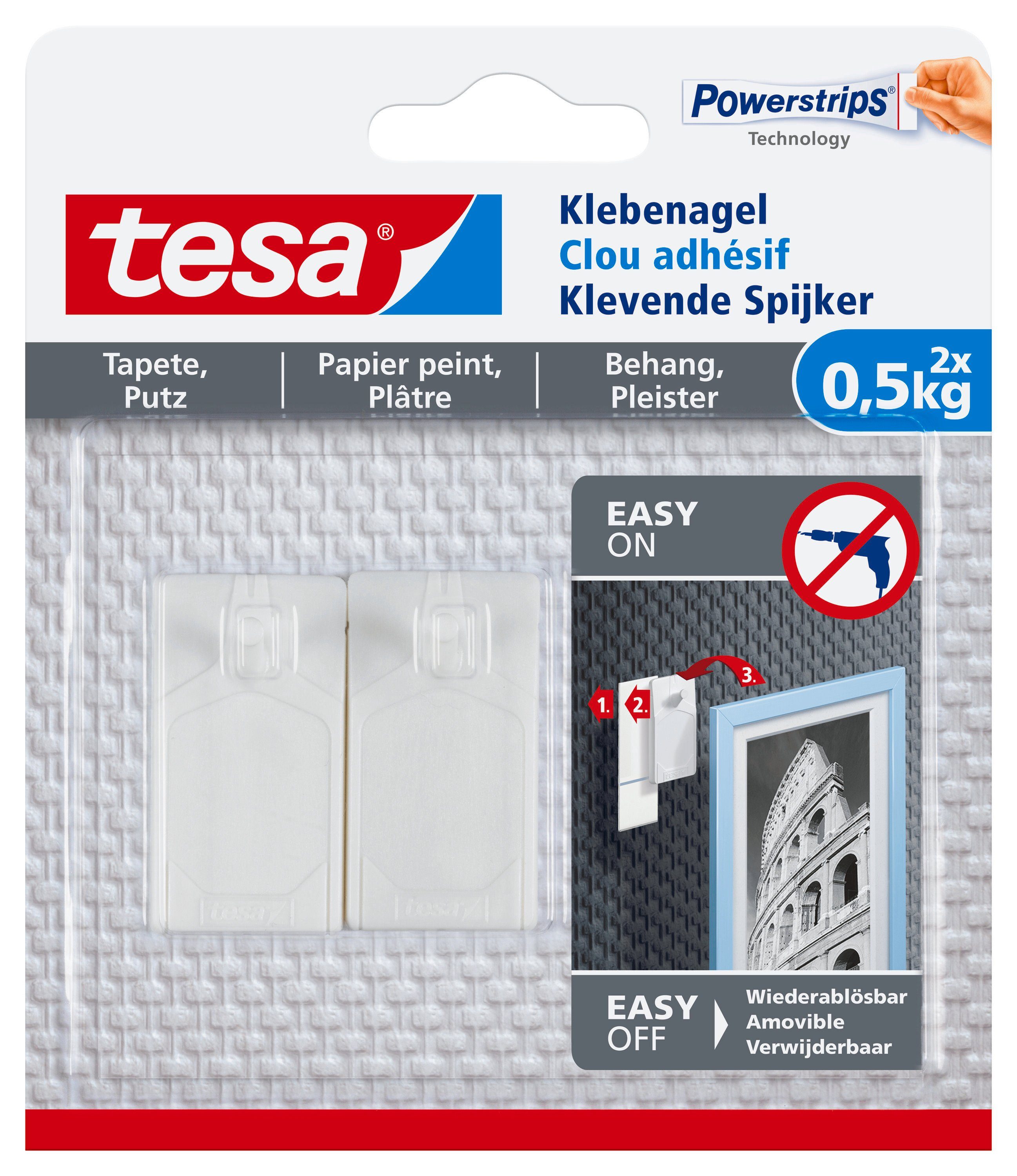 tesa Klebehaken Klebenagel max. 0,5 kg für Tapete und Putz, Dekoration, Bilder, Leinwände, Lichterketten, Girlanden, (Packung, 2-St), Bilderhaken selbstklebend - spurlos entfernbar & wiederverwendbar | Gardinenhaken