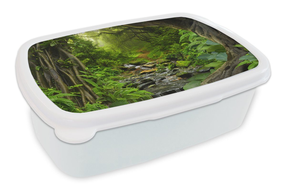 MuchoWow Lunchbox Natur - Wasser - Dschungel - Wald - Tropisch, Kunststoff, (2-tlg), Brotbox für Kinder und Erwachsene, Brotdose, für Jungs und Mädchen weiß