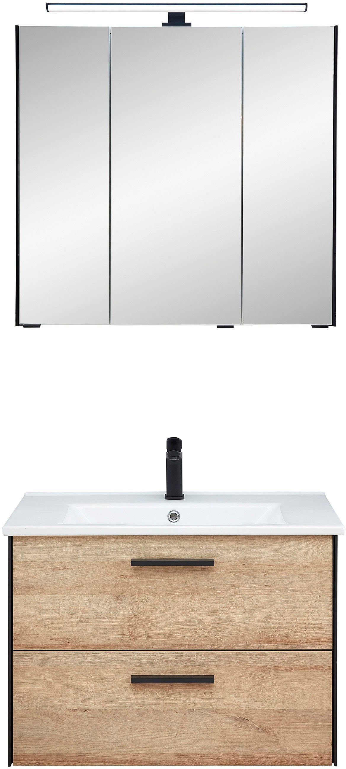 Saphir Badmöbel-Set Quickset 395 2-teilig, Keramik-Waschtisch mit LED-Spiegelschrank, (2-St), Waschplatz 75 cm breit, 3 Türen, 2 Schubladen, Bad-Set