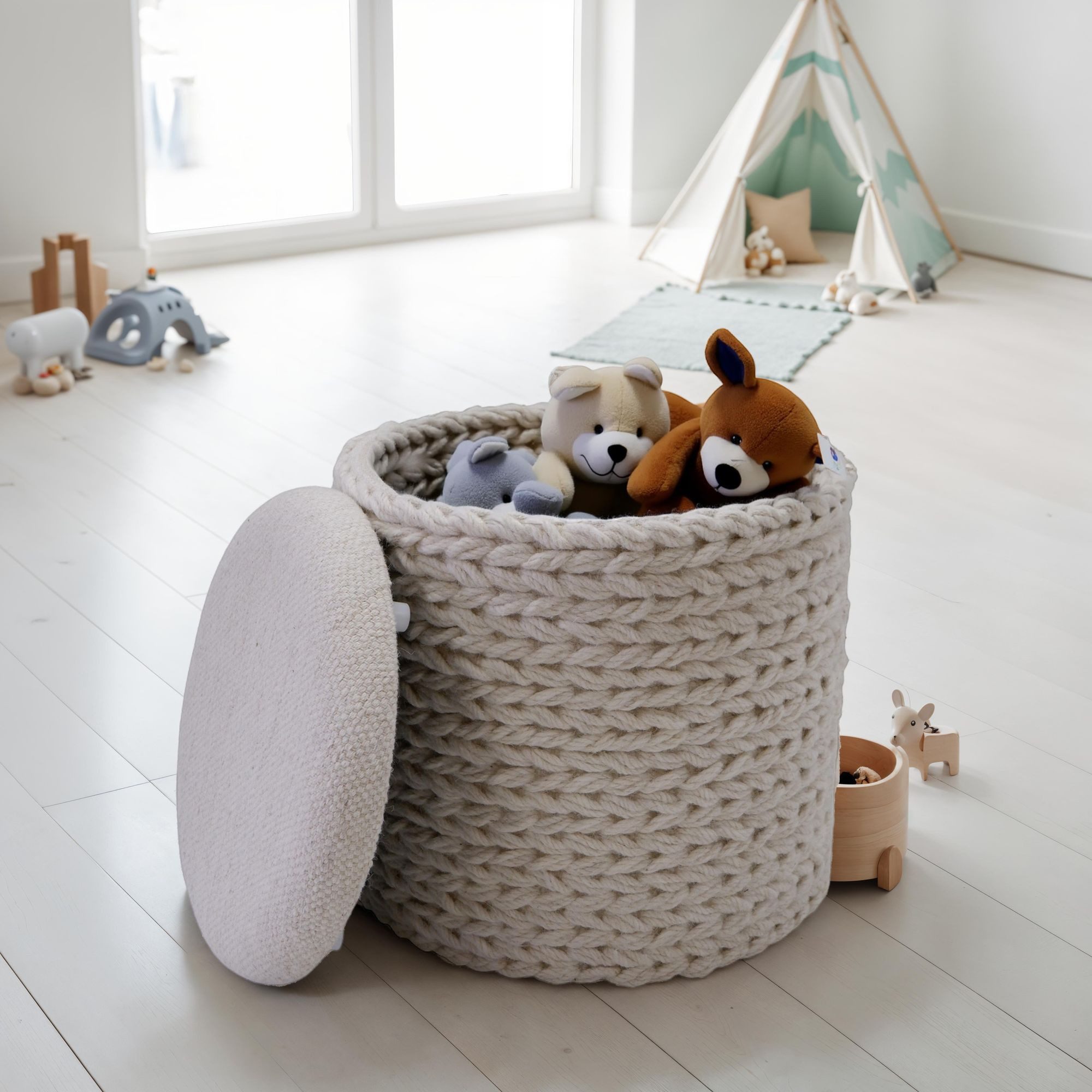FINEBUY Stauraumhocker FB111031 Sitzhocker Hocker Wolle rund 40x40x45 cm Creme Weiß Boho (40 cm Hocker mit Stauraum Rund Boho Beistellhocker), Dekohocker Creme Wolle, Sitzhocker Gepolstert