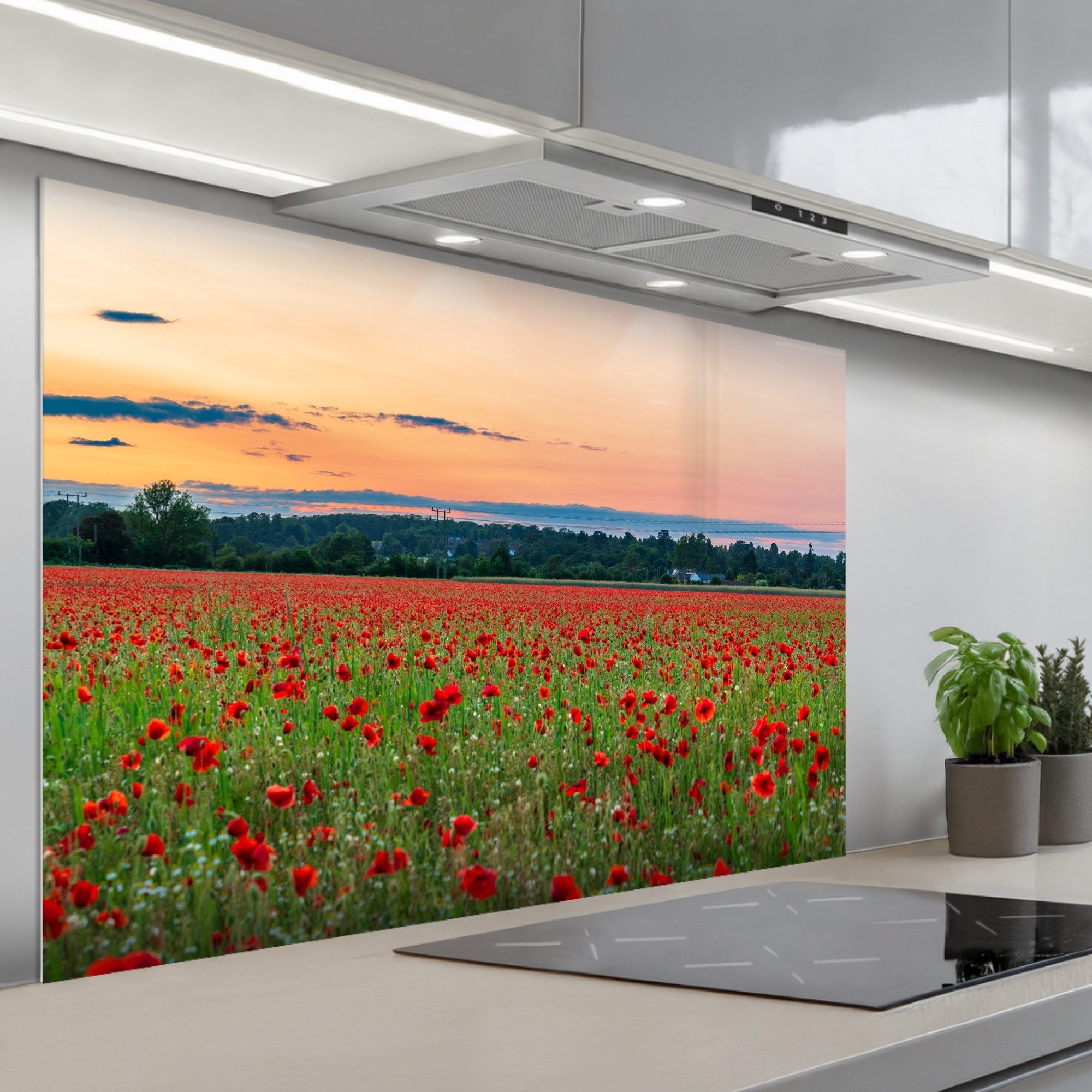 KitchenYeah Küchenrückwand selbstklebend (keine Folie) Mohnblumen - Landschaft - Rot - Blumen, (1-tlg), Spritzschutz Küchenrückwand, Wandschutz, 120x80 cm