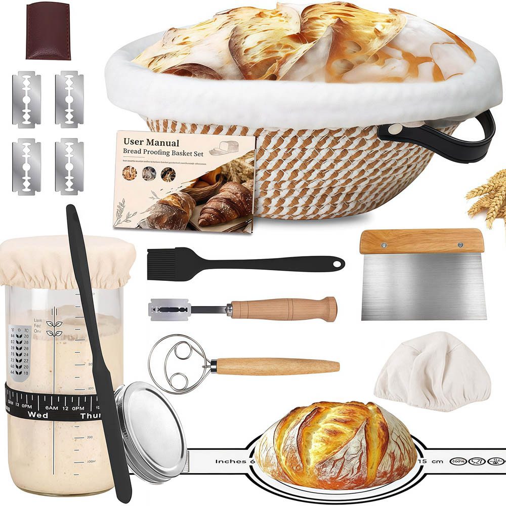 PFCTART Gärkorb 10-tlg. Gärkorb Brotbackset Ø23 cm – Rundes Gärkörbchen Set, (Set 10-tlg), Handgeflochten & atmungsaktiv – Mit Starterglas & Backzubehör