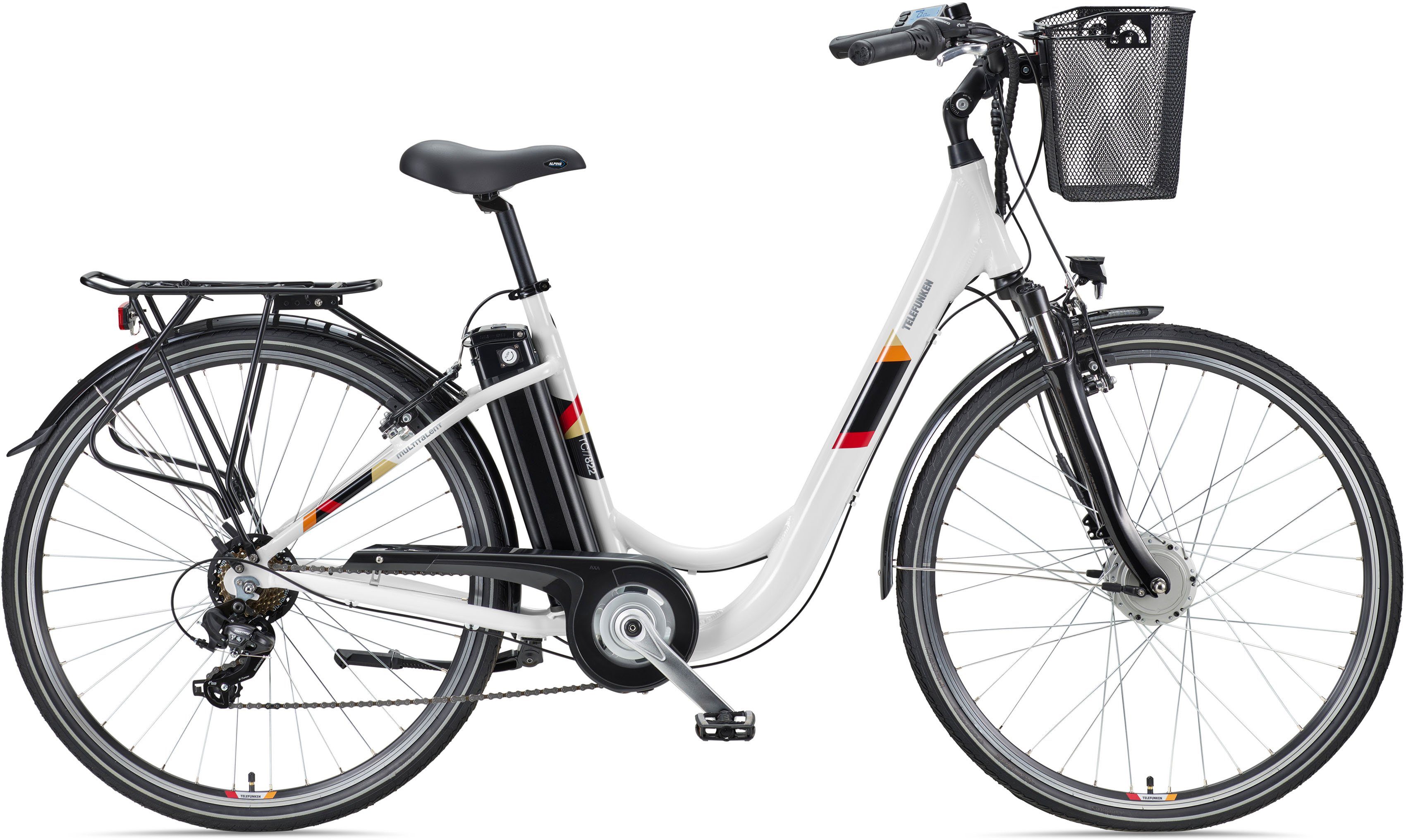Telefunken E-Bike Cityrad Multitalent RC822, 7 Gang Shimano Tourney Schaltwerk, Kettenschaltung, Frontmotor, 374,4 Wh, (2 V-Bremsen, Beleuchtung, Straßenzulassung, ca. 100 km Reichweite), City Elektrofahrrad, Damen Herren, 28 Zoll, 36 V 374 Wh Akku, Pedelec