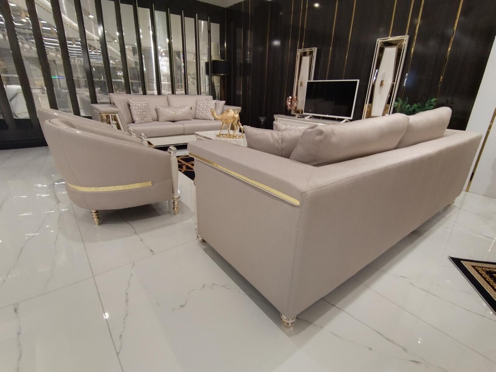 JVmoebel Wohnzimmer-Set Luxus Sofagarnitur 3+3+1 Sitzer Design Möbel Beige Sessel Sofa, (3-St., 2x Sofa 3 Sitzer + Sessel), Made in Europa