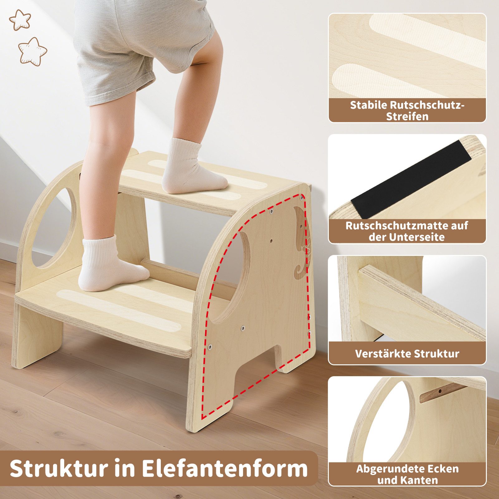 OSTWOLKE Tritthocker mit 2 Stufen Holzhocker für Kinder Montessori Hocker (1 St), Kindertreppchen Schemel für Bad, Küche, Kinderzimmer ab 2 Jahre