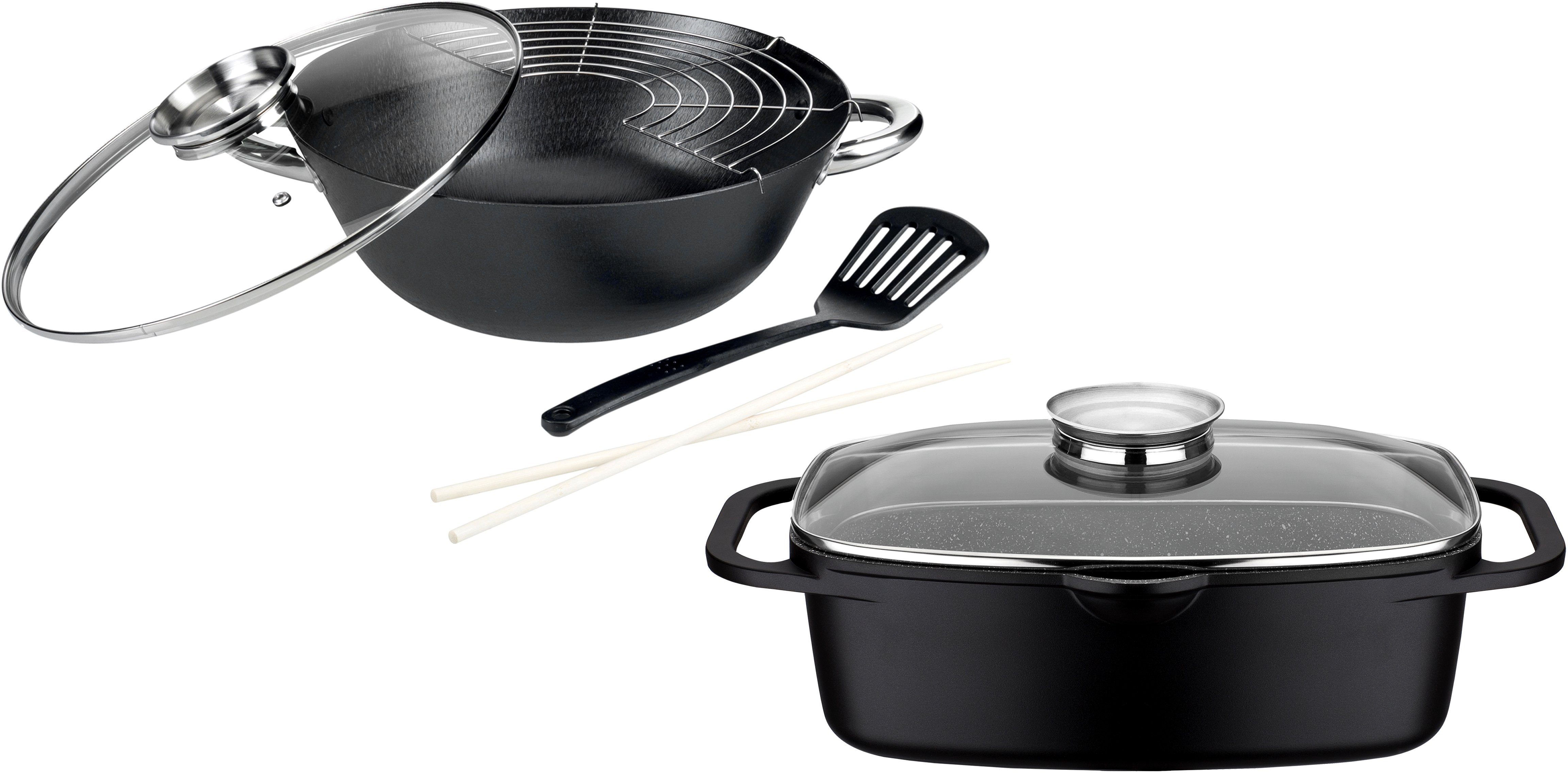 GSW Topf-Set Gourmet Granit, Gusseisen (Set, 4-tlg., 1 Bräter 32cm, 1 Wok Ø32cm, mit Deckel, Gittereinsatz, Pfannenwender), Induktion