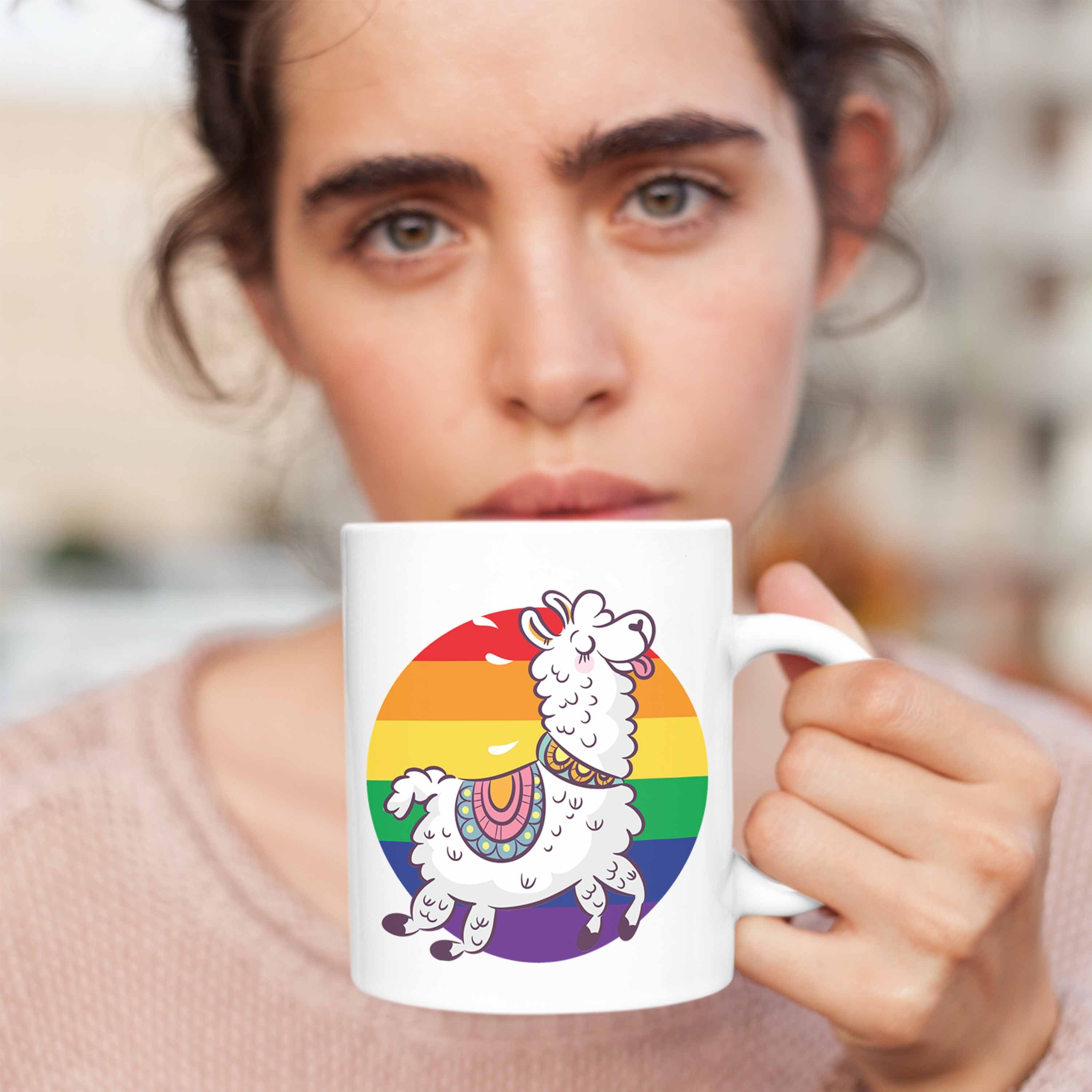 Trendation Tasse Trendation - Tolles Geschenk Tasse Grafik Pride Transgender Regenbogen Weiss Llama Schwule Lesben LGBT