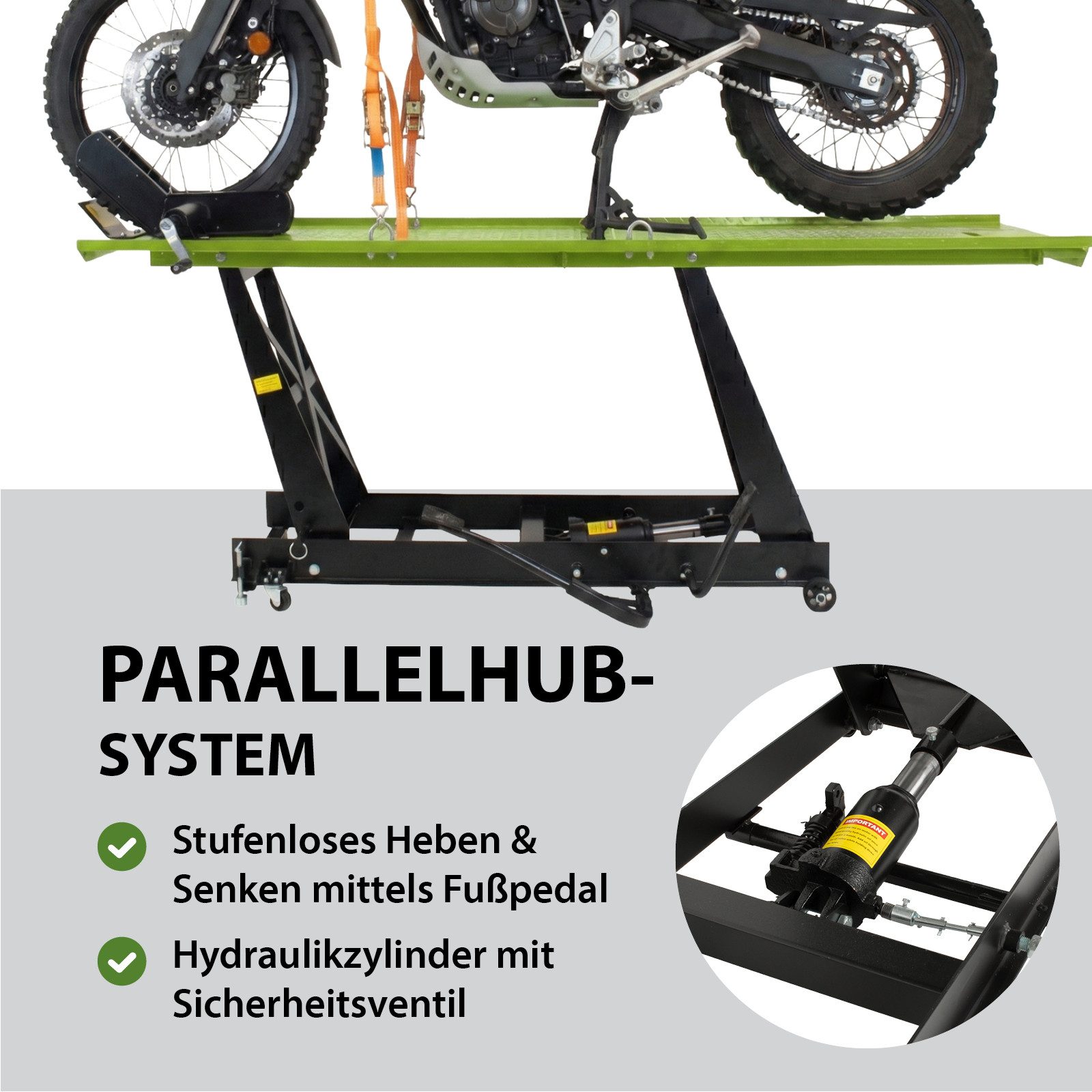 TRUTZHOLM Hydraulikheber Motorradhebebühne hydraulisch 450 kg Extra-Breit 68 cm Heber, Extra-Breit 68 cm für große Motorräder, abnehmbare Auffahrrampe
