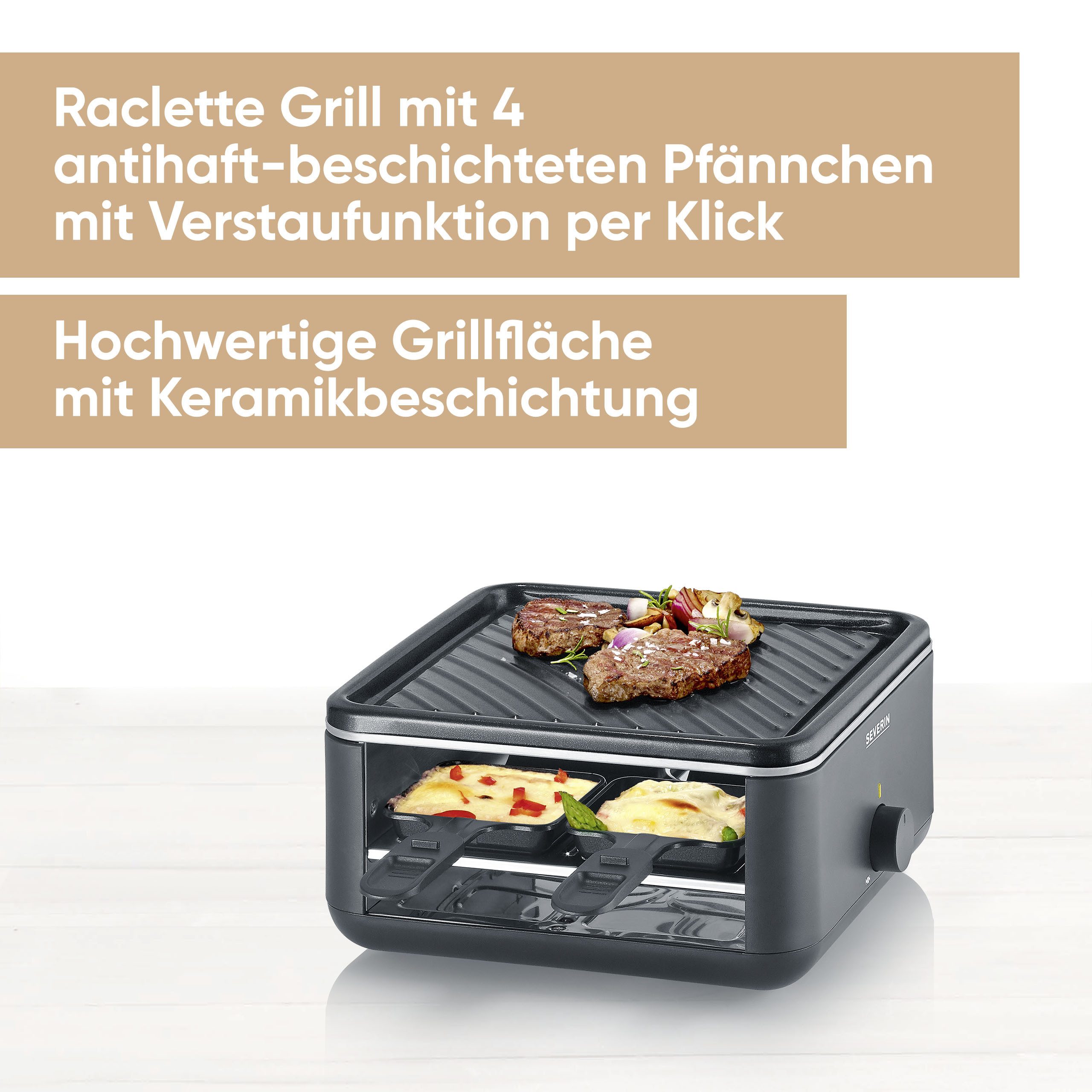 Severin Raclette Black Line Lite Mini RG 2360, 4 Raclettepfännchen, 600 W, Raclette-Grill
