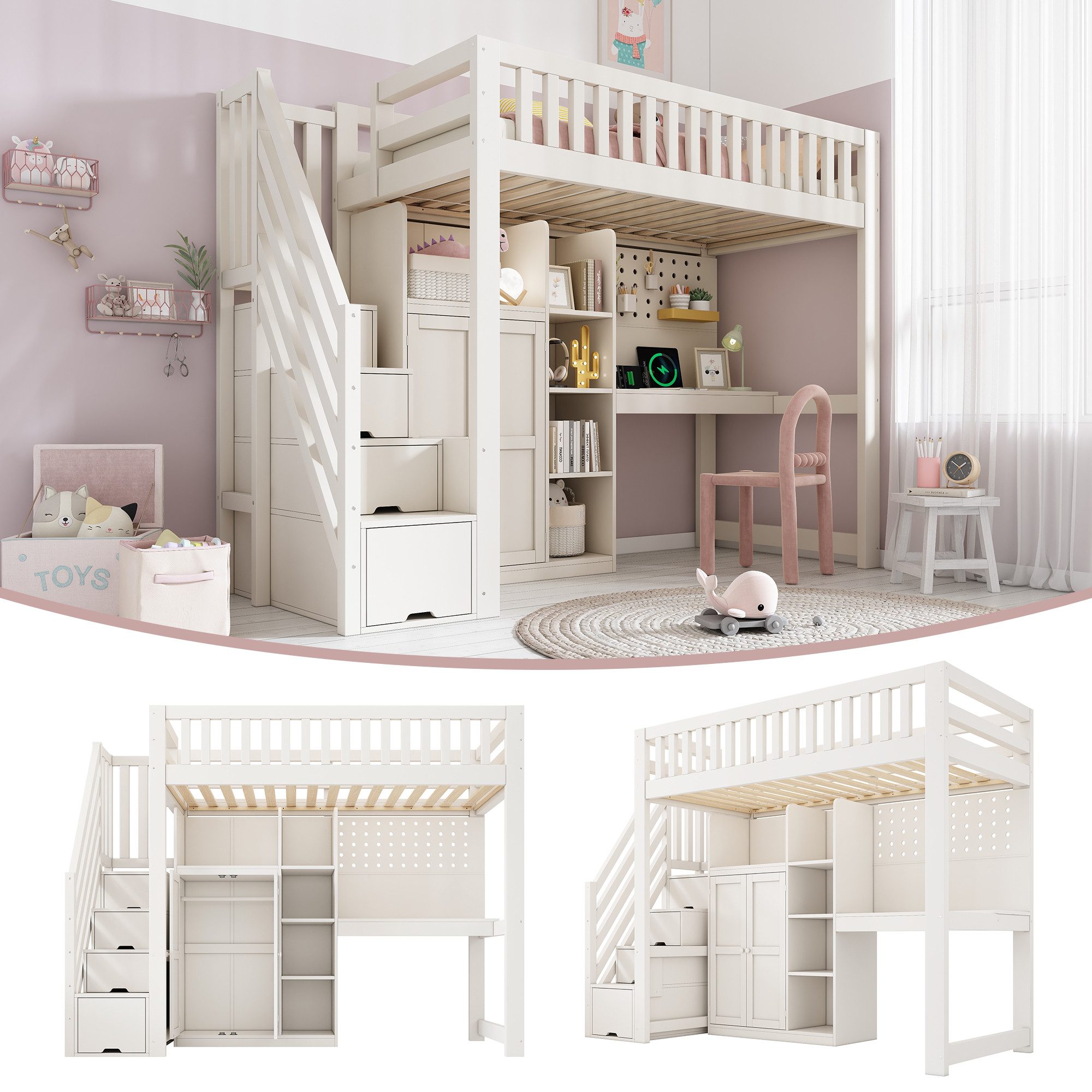 REDOM Hochbett Bett 90x200 cm mit Schreibtisch & Schrank, Weiß (Packung, 1-St., Platzsparende All-in-One-Lösung mit Regalen) USB-C, Lattenrost, Leiter- & Kleiderschrank(ohne Matratze)