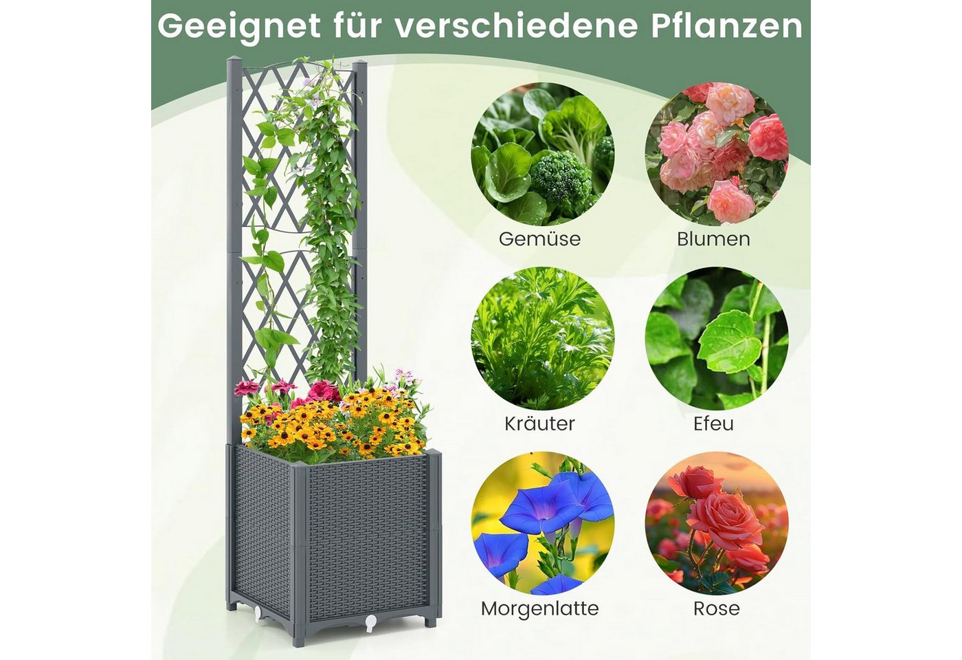 Thumbnail - KOMFOTTEU Blumenkasten, Hochbeet mit Rankgitter für Kletterpflanzen & Topfpflanzen