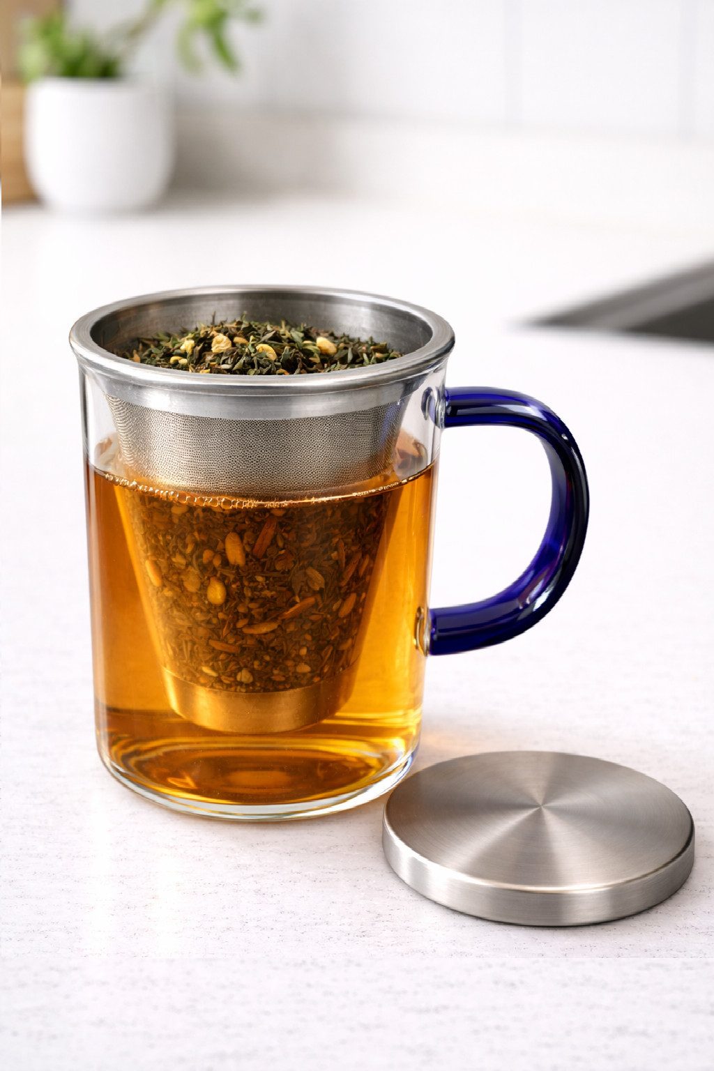 Rungassi Gläser-Set Glas Teebecher mit Edelstahldeckel und Innenfilter Henkel Blau 420ml, Glas, Edelstahl