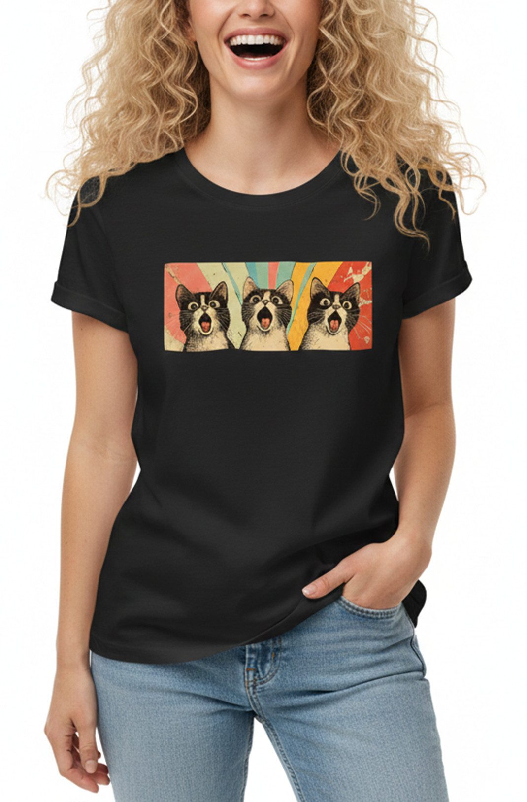 MAKAYA T-Shirt Lustiges Katzen Top für Damen - Witziges Geschenk für Frauen (Schwarz, S, M, L, XL) Baumwolle