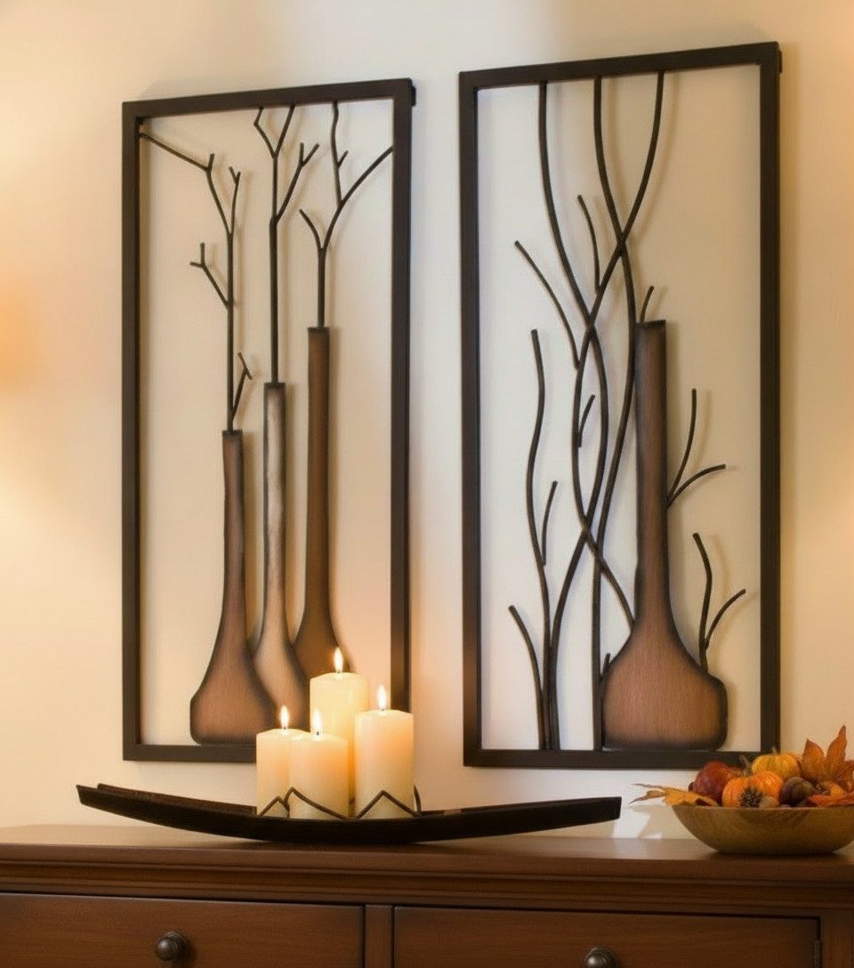 GILDE Wanddekoobjekt 2er-Set Metall-Wandbilder – Vasen & Äste, 40x80 cm (2 St)