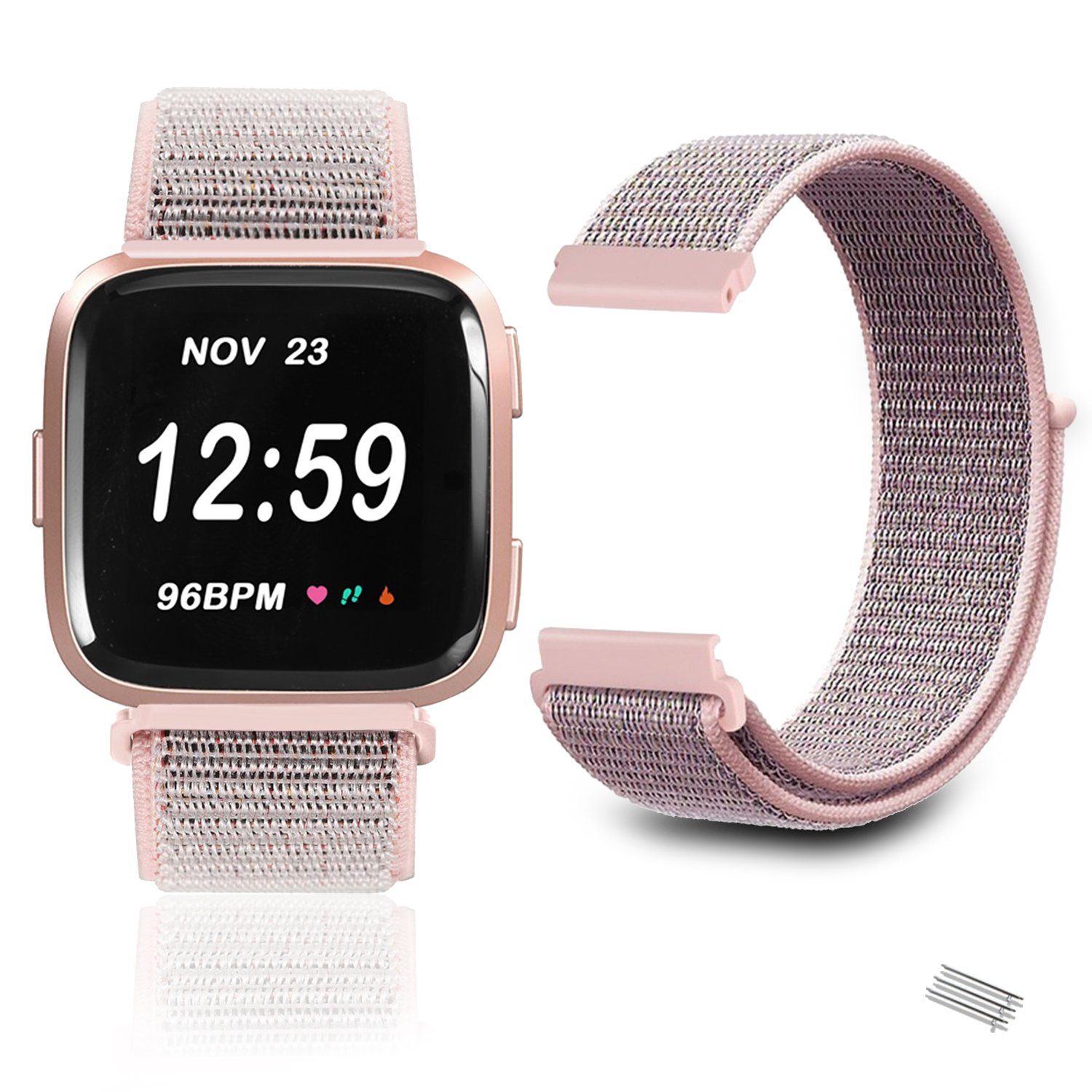 KINSI Smartwatch-Armband Watch Band, Armband, Uhrenarmband, Band, Nylonbänder kompatibel mit Fitbit Versa/ 2/ versa lite, (Schwarz/rosa)