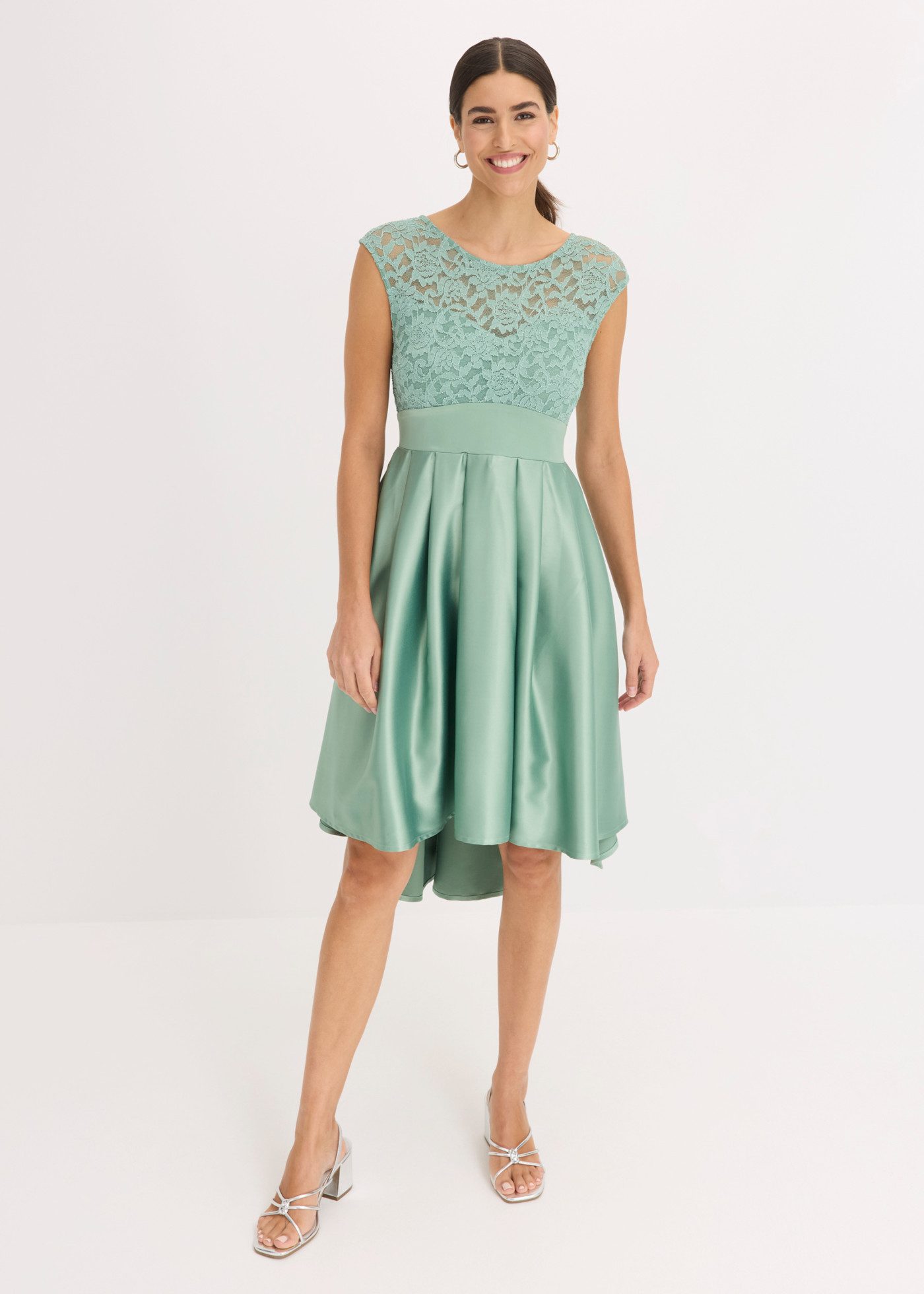 bonprix Vokuhila-Kleid ausgestellte Passform, aus glänzendem Satin, mit Taillen-Einsatz