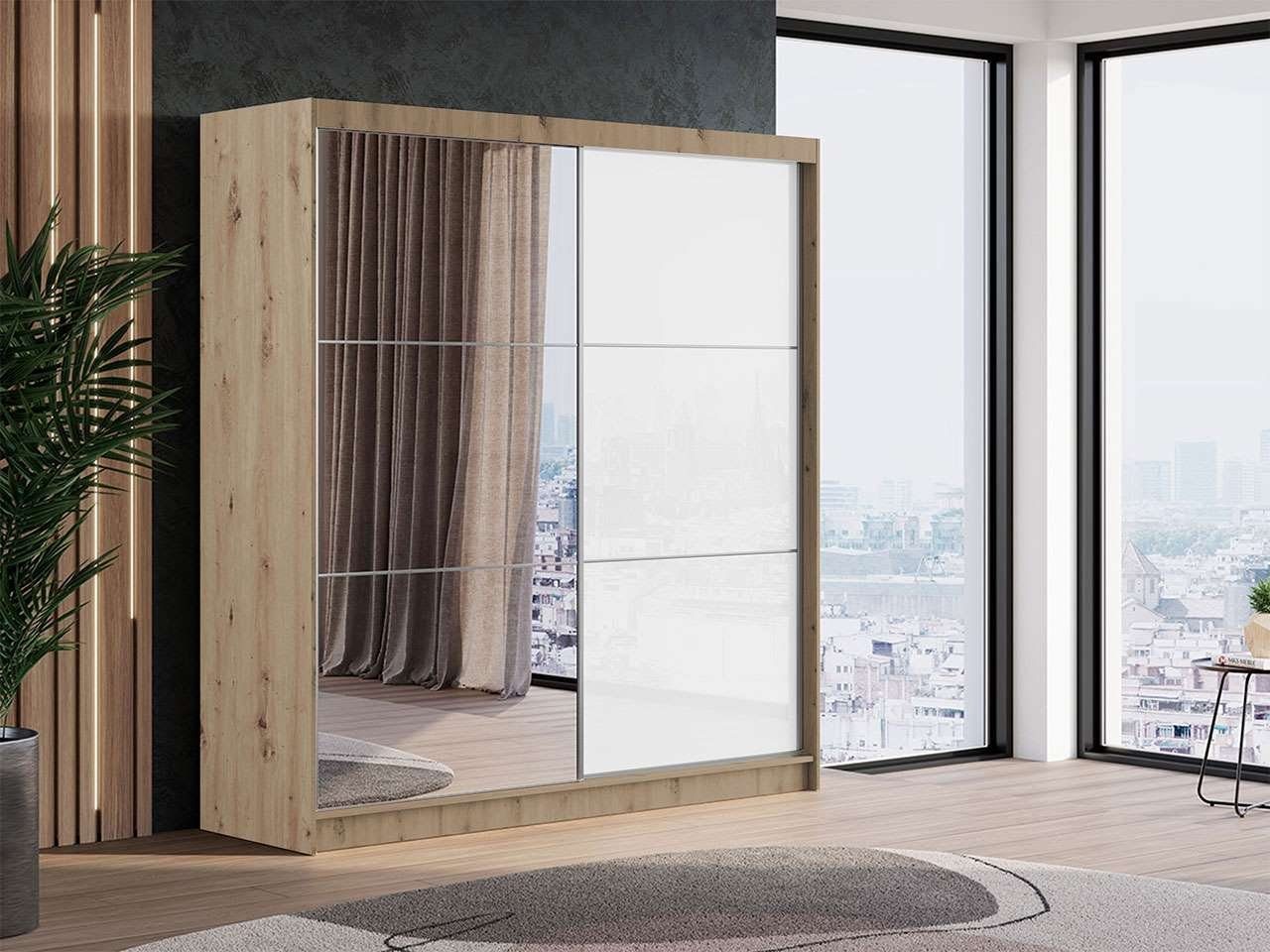 MKS MÖBEL Kleiderschrank VALENCIA Schwebetürenschrank 200 cm mit Spiegel und Lacobel, Garderobe Weiss