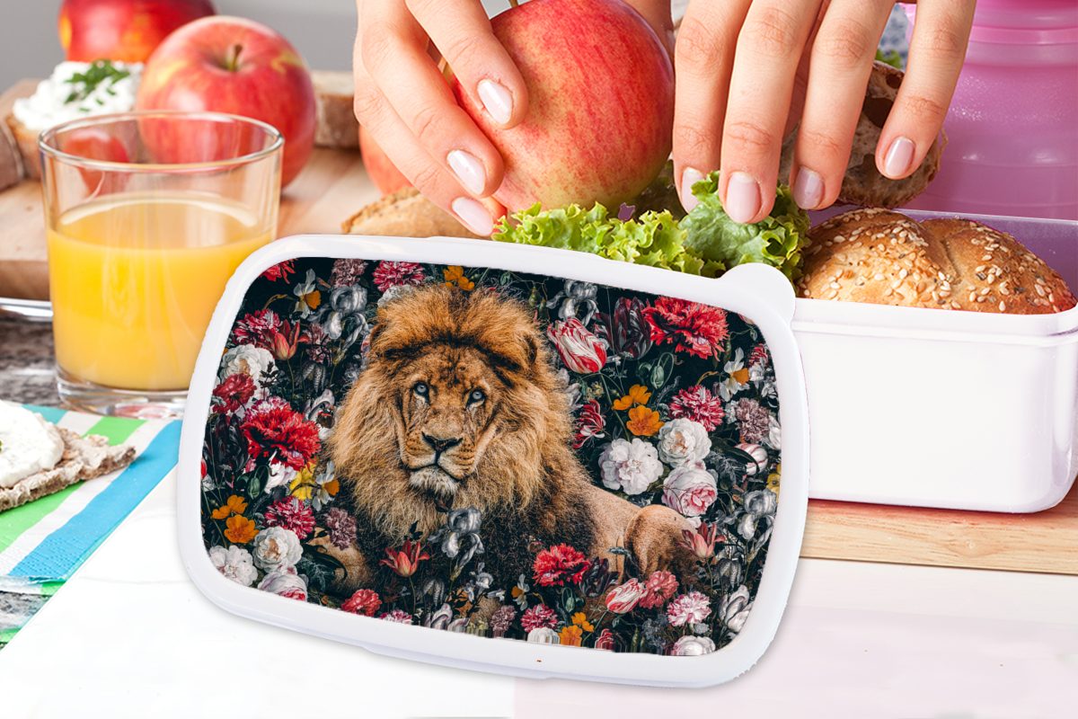 MuchoWow Lunchbox Löwen - Blumen und Brotdose, - Mädchen Farbe, Brotbox Kunststoff, für für Jungs Kinder und (2-tlg), weiß Erwachsene