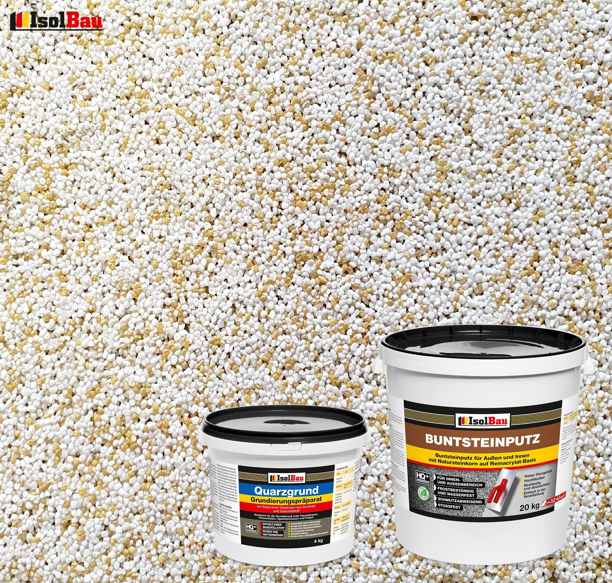 None Gipsputz Set Mosaikputz 20 kg Buntsteinputz BP60 + Quarzgrund 4 kg Körnung 1,8 mm; Trocknung 12–48h; Verbrauch 3,2–4,5 kg/m²