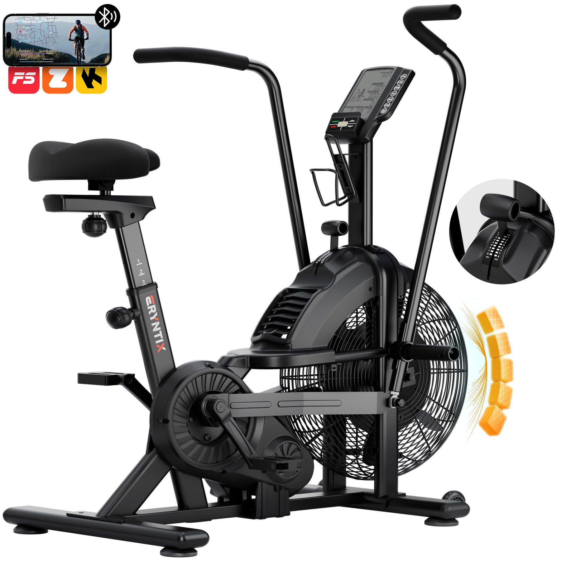 Eryntix Heimtrainer Air Bike, Heimtrainer Fahrrad mit Luftwiderstand, Belastbar bis 160 kg (1-tlg., leises Indoor-Fitnessbike, LCD Monitor, App Verbindung), Trainingsfahrrad mit einstellbarem Magnetwiderstand