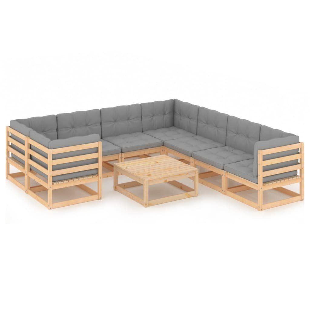 vidaXL Gartenlounge-Set 9-tlg. Garten-Lounge-Set mit Kissen Massivholz Kiefer, (1-tlg) Natur