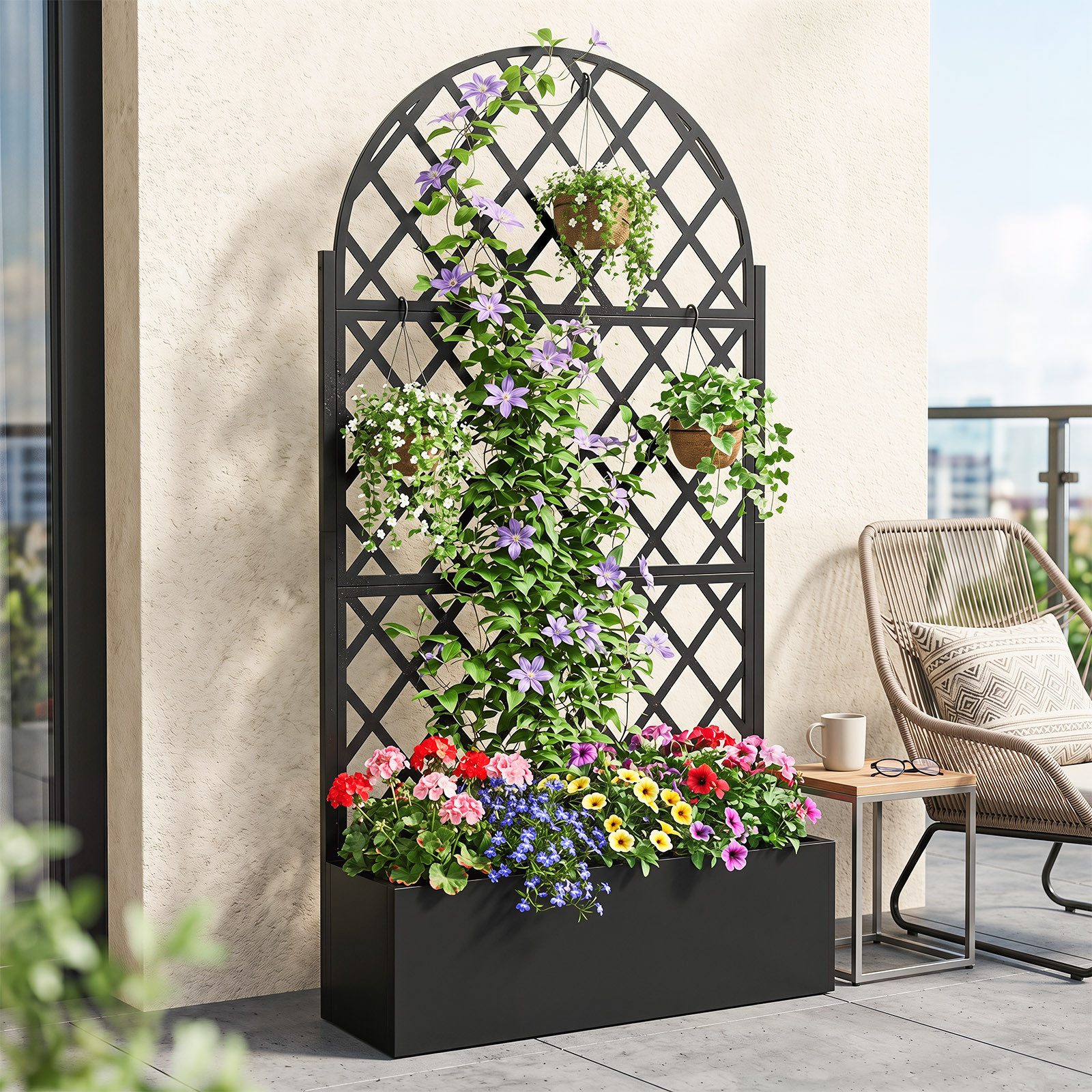 COSTWAY Blumenkasten, Pflanzkasten aus Metall mit Rankgitter, Ablauflöchern