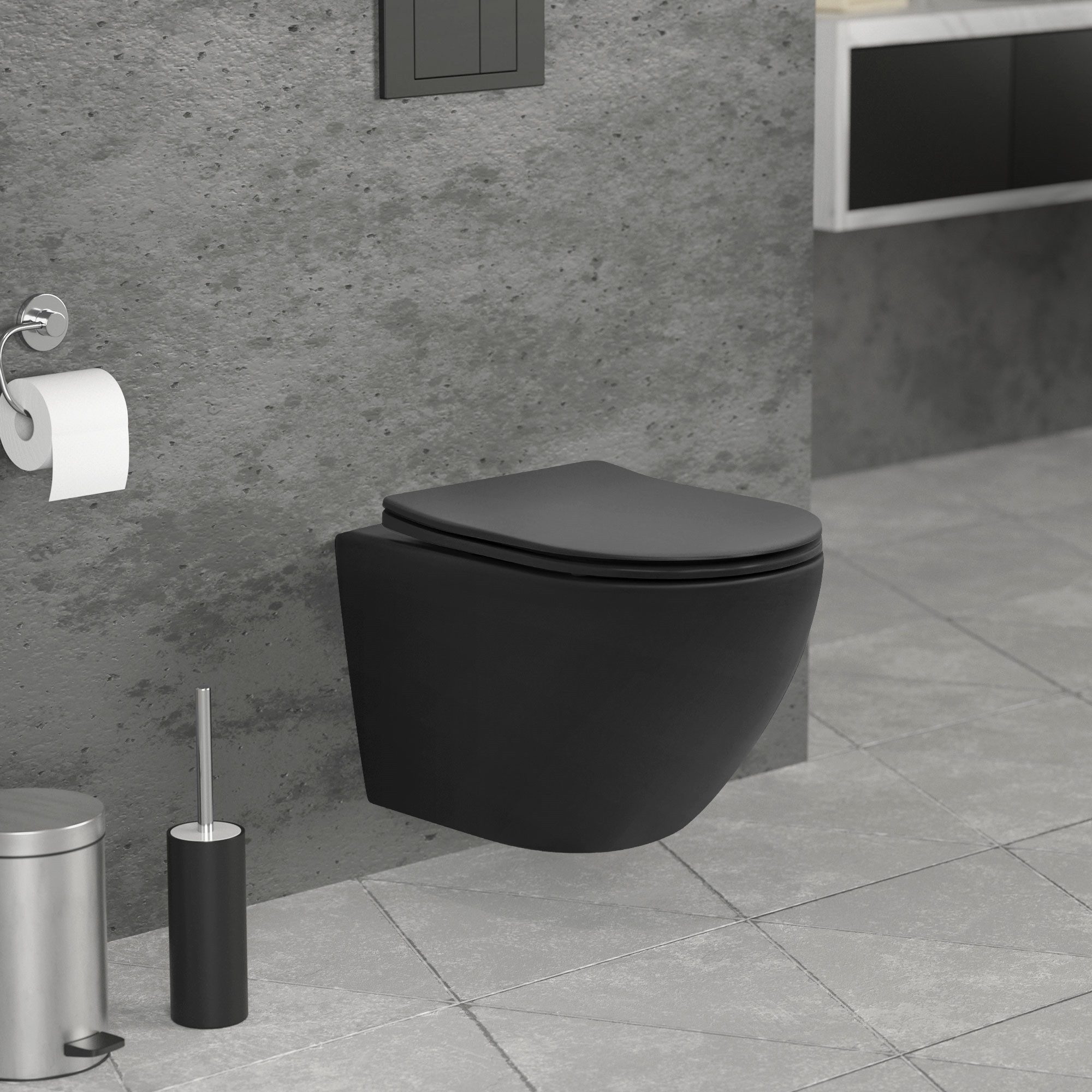 LuxeBath Tiefspül-WC Spülrandloses Hänge WC Keramik mit WC-Sitz abnehmbar Softclose, Wand-WC kurz Schwarz matt Toilette Duroplast Tiefspüler