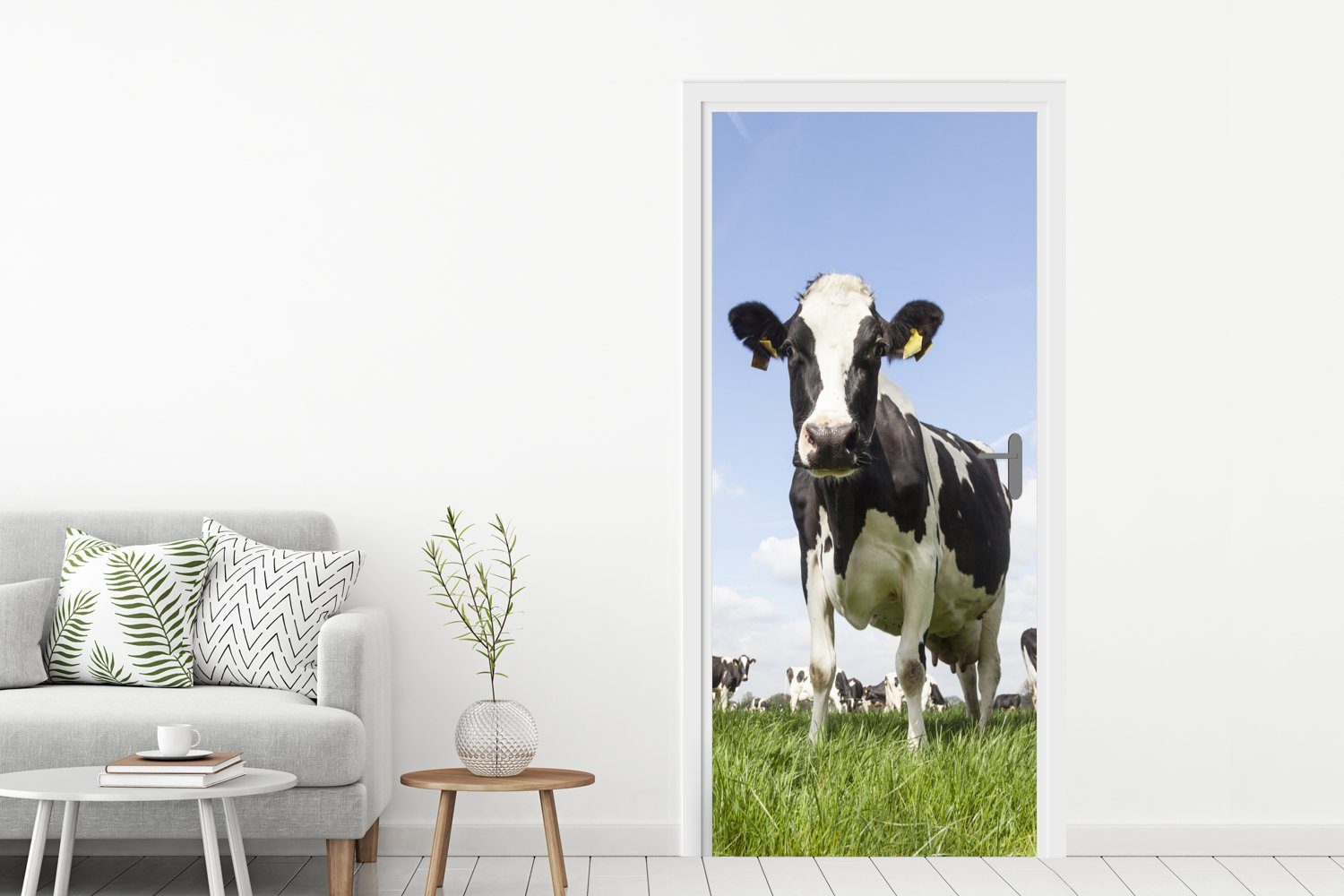 MuchoWow Türtapete Kühe - bedruckt, Gras 75x205 Türaufkleber, - Tür, cm Sonne Fototapete - - St), für Tiere (1 Bauernhof, Matt