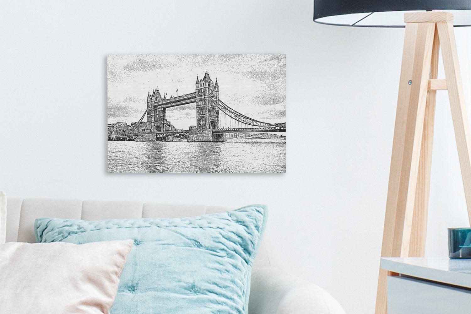 Leinwandbild London Illustration 30x20 Wandbild Wanddeko, Tower der in Leinwandbilder, OneMillionCanvasses® in Aufhängefertig, schwarz-weiß, (1 St), Bridge cm
