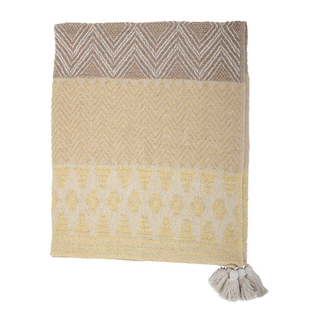 Bloomingville Tagesdecke Nome Throw, Yellow, Recycled Cotton, Decke 160x130cm gemustert Quaste Kuscheldecke dänisches Design, gelb/braun
