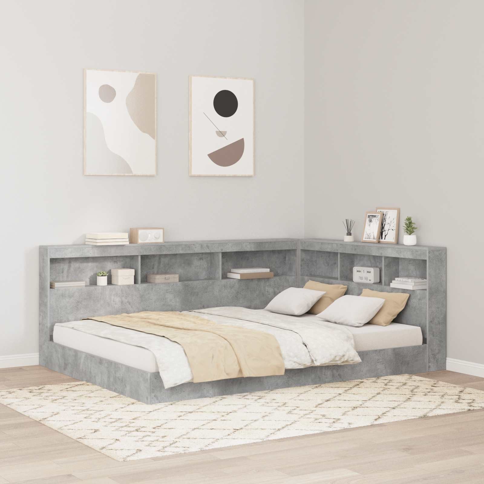 furnicato Bett Bücherregal-160 x 200 cm Betongrau, L-förmiges Einzelbett mit integriertem Regal für dein Schlafzimmer