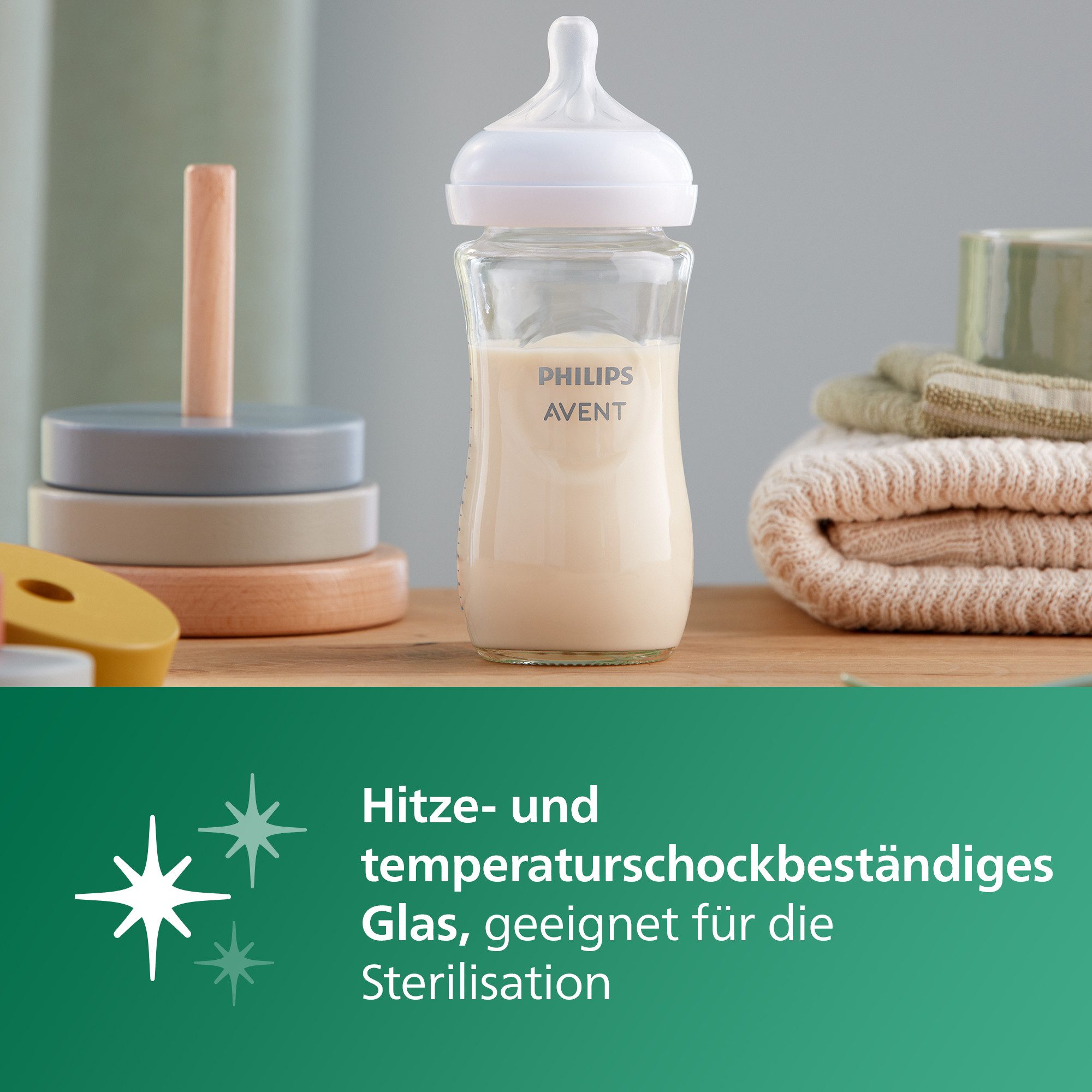Philips AVENT Babyflasche Natural Response Starter-Set Glas für Neugeborene SCD878/11, 3 Flaschen aus Glas und ultra soft Schnuller