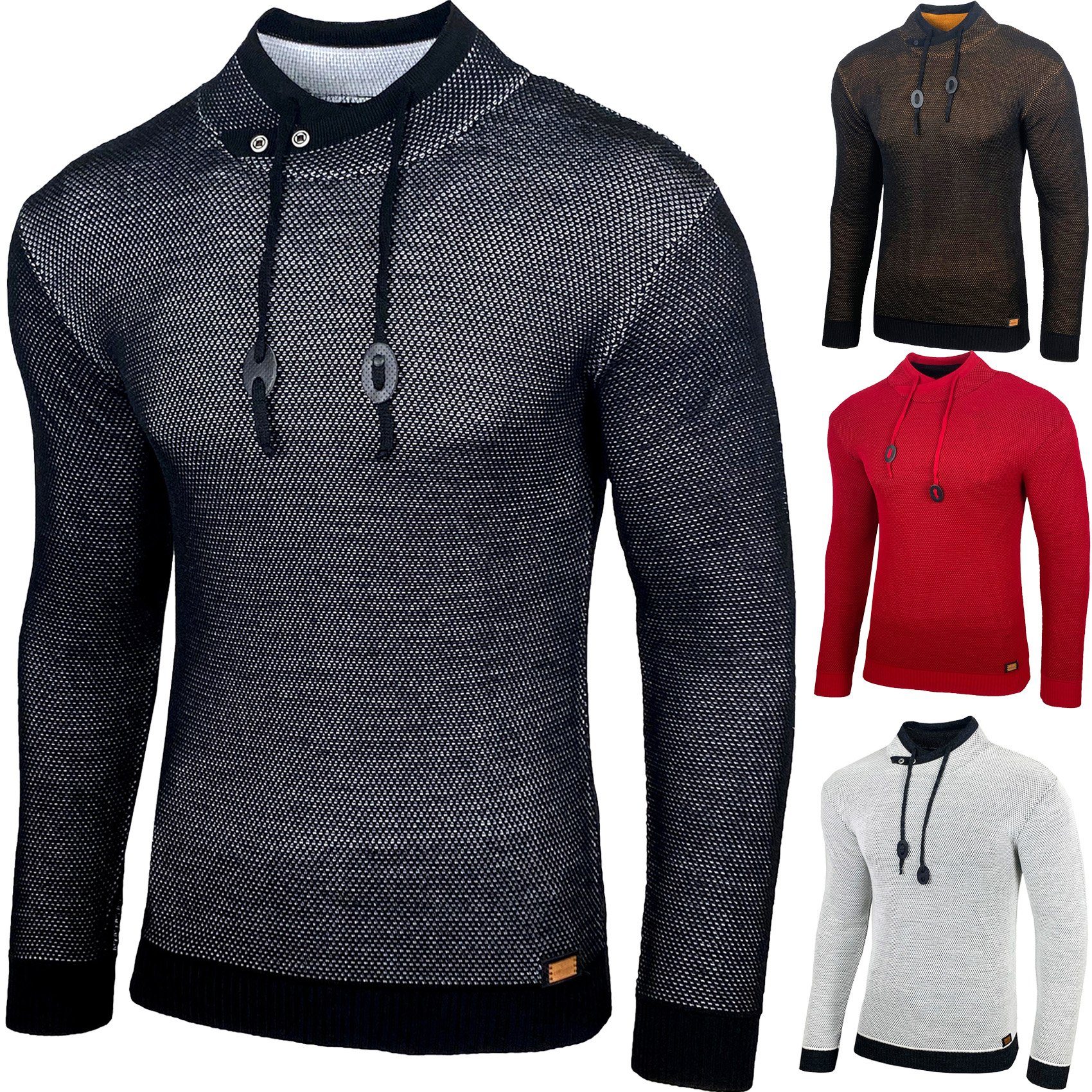 Strickpullover Baxboy Stehkragen Moderner Männer schwarzer Meliert Pullover 52276