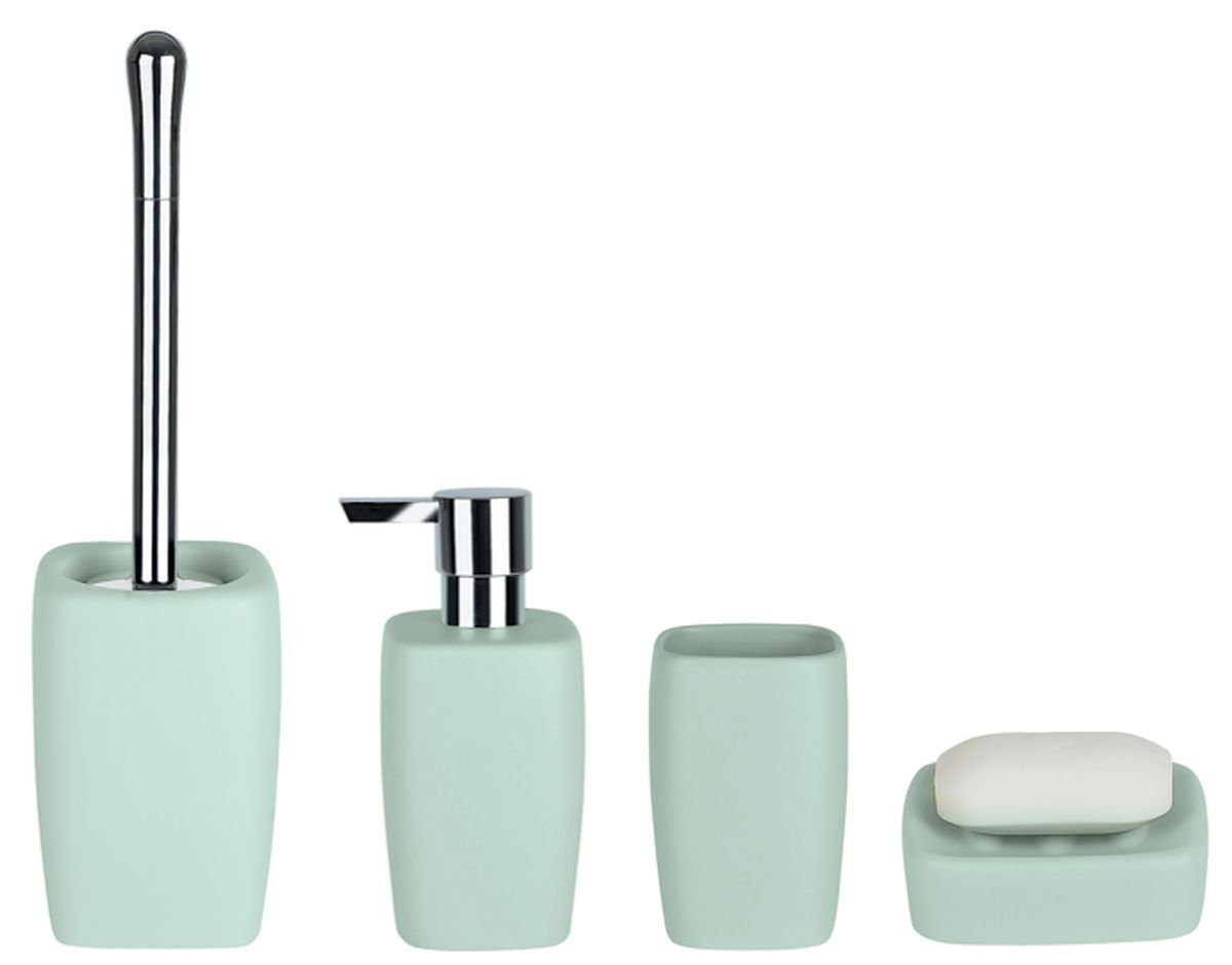 spirella Badaccessoires-Sets RETRO Pastell, Zubehör-Set aus hochwertiger Keramik, 4 tlg., bestehend aus: WC-Bürste, Seifenspender, Zahnputzbecher, Seifenschale, elegante Matt-Optik in zarten Pastell Trendfarben, pastellgrün mint, Komplett-Set Badezimmerzubehör, 4 tlg.