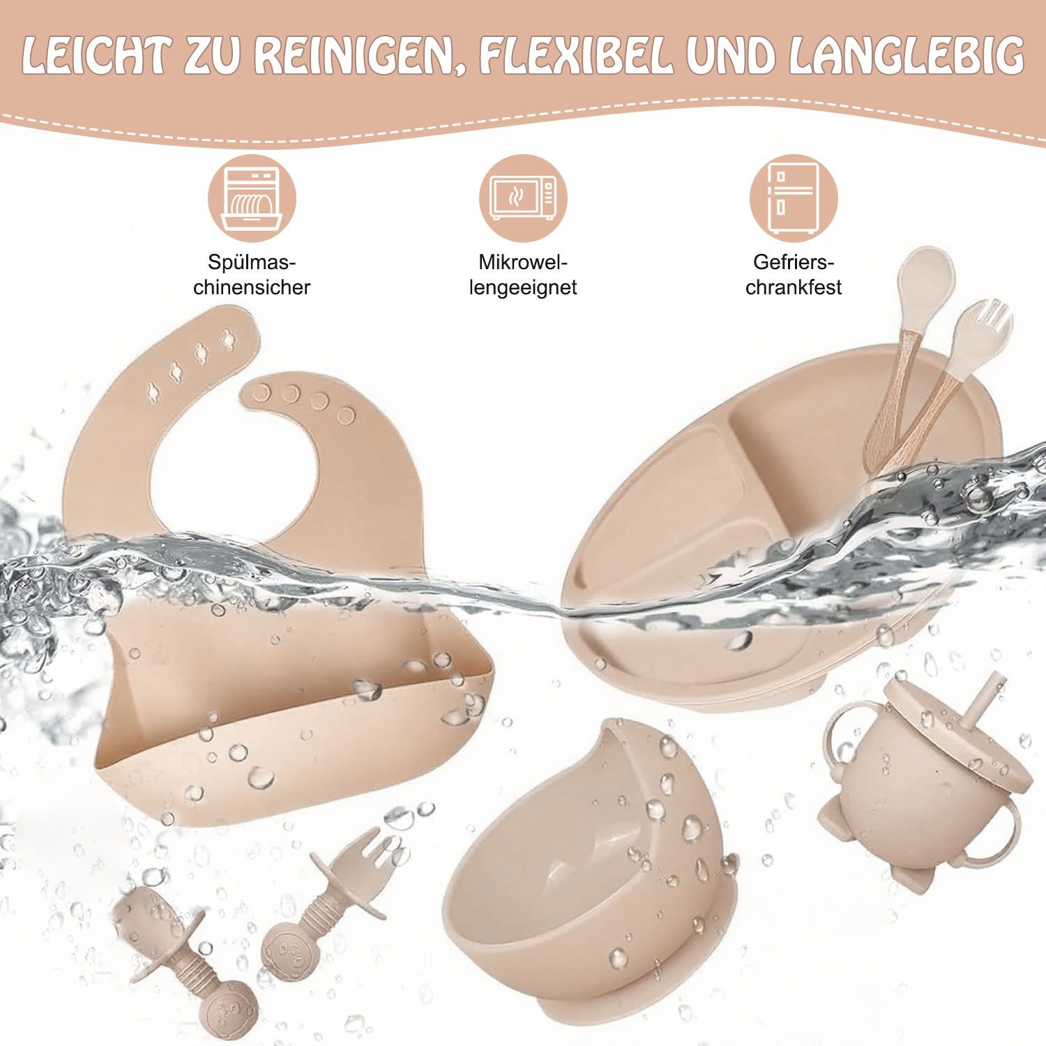 AIMAX Kindergeschirr-Set 9er Baby Geschirrset Set Kindergeschirr Babylöffel Trinklernbecher, Silikon Lätzchen Baby Teller Kinderteller mit Saugnapf – Bild 4 von 5