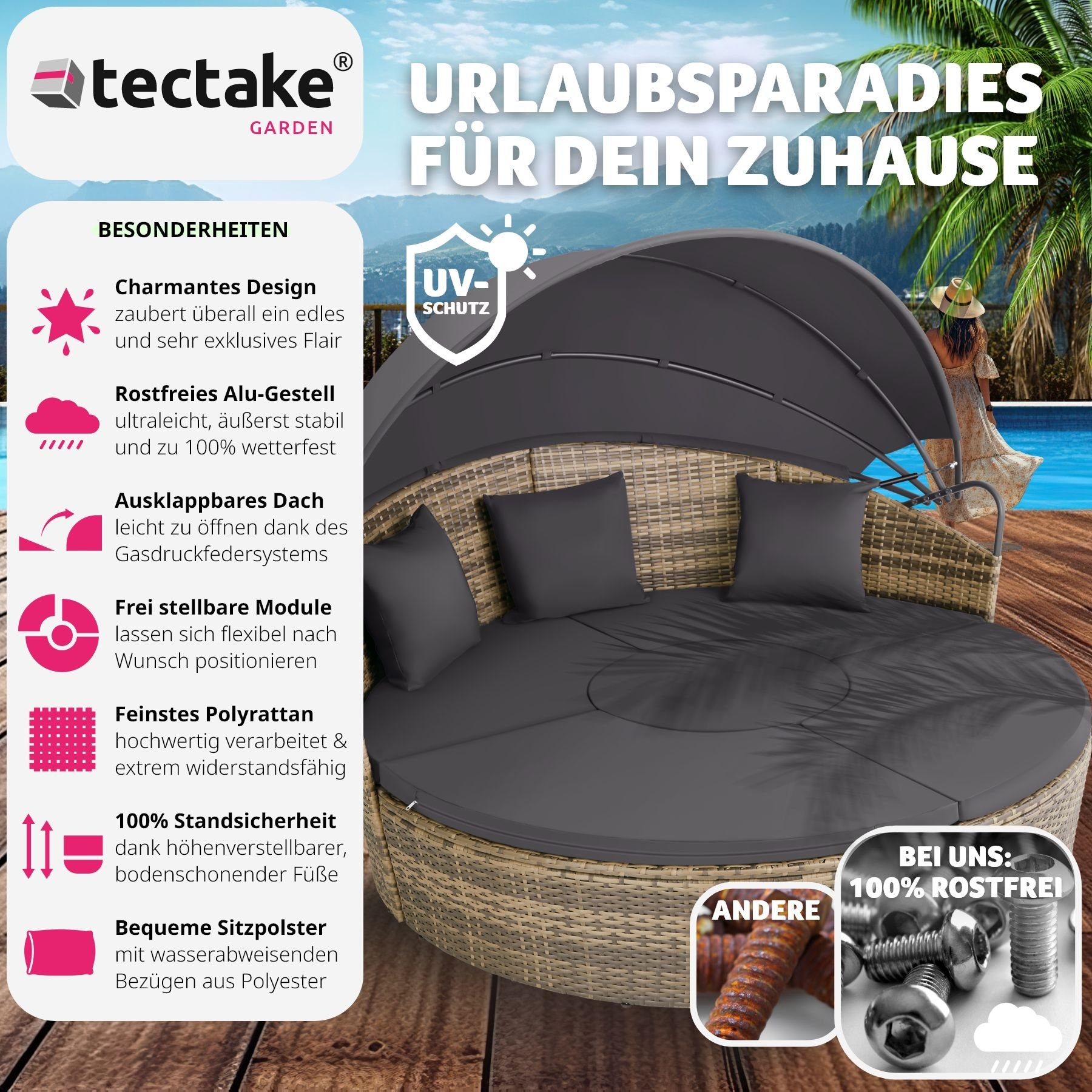 tectake Gartenliege Sansibar, 1, Kissen 1tlg., St., enthalten 1