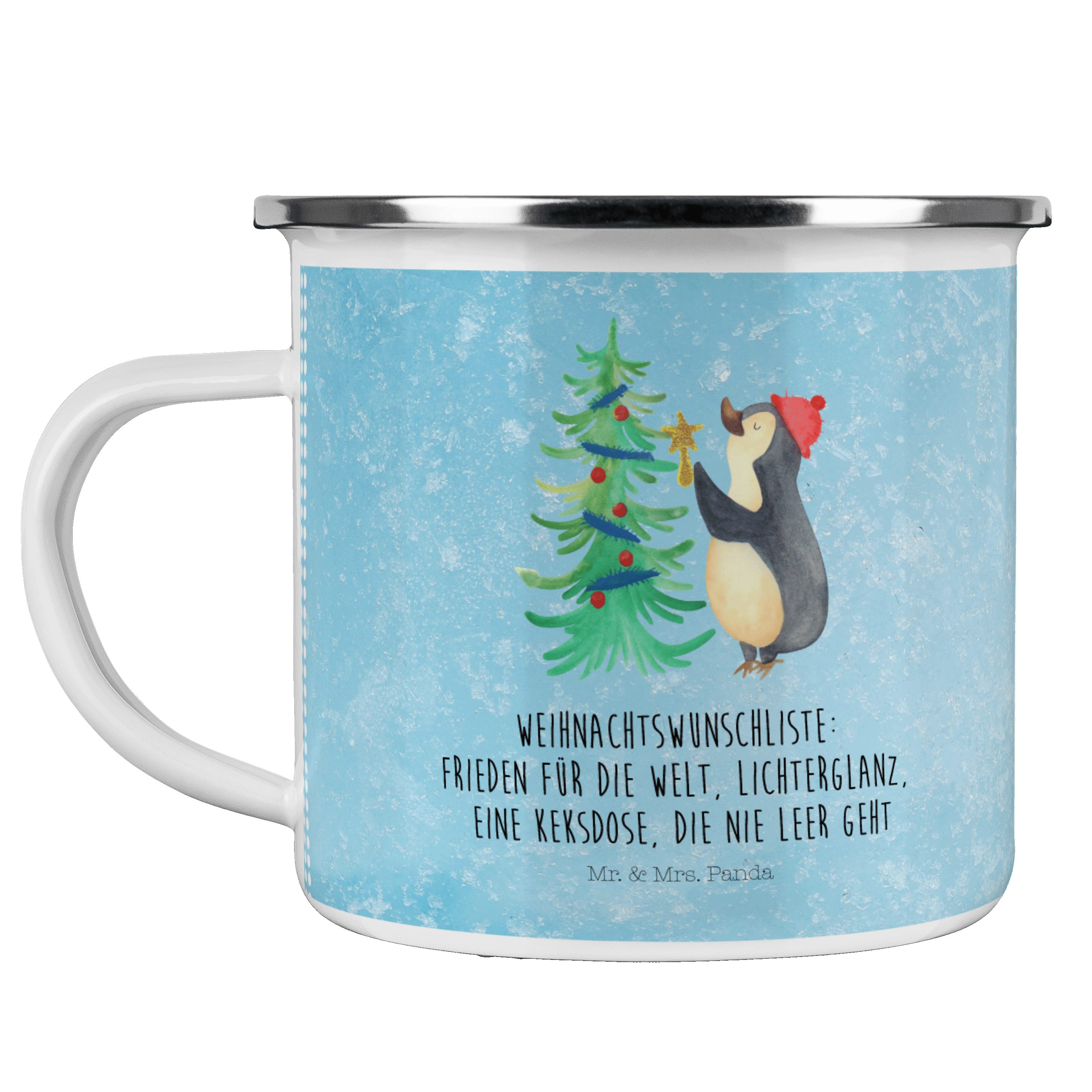 Mr. & Mrs. Panda Becher Pinguin Weihnachtsbaum - Eisblau - Geschenk, Heiligabend, Camping Tas, Emaille