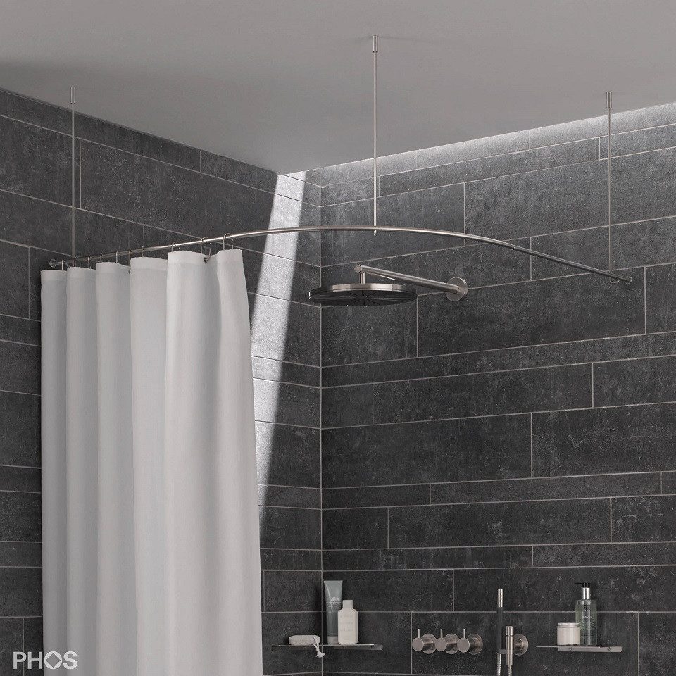 PHOS Design Duschvorhangstange Viertelkreis aus Edelstahl mit 50 cm Radius, 75 x 75 cm - 100% Made in Germany