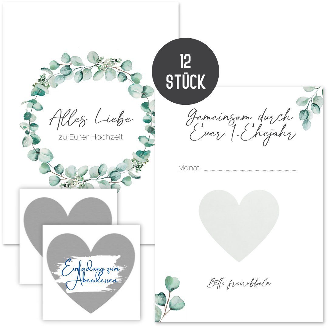 Things of Happiness Geschenkkarte Hochzeitsgeschenk “Gemeinsam durch Euer 1. Jahr", Hochzeitsspiel, 12 Rubbelkarten als Gutscheine für das Brautpaar