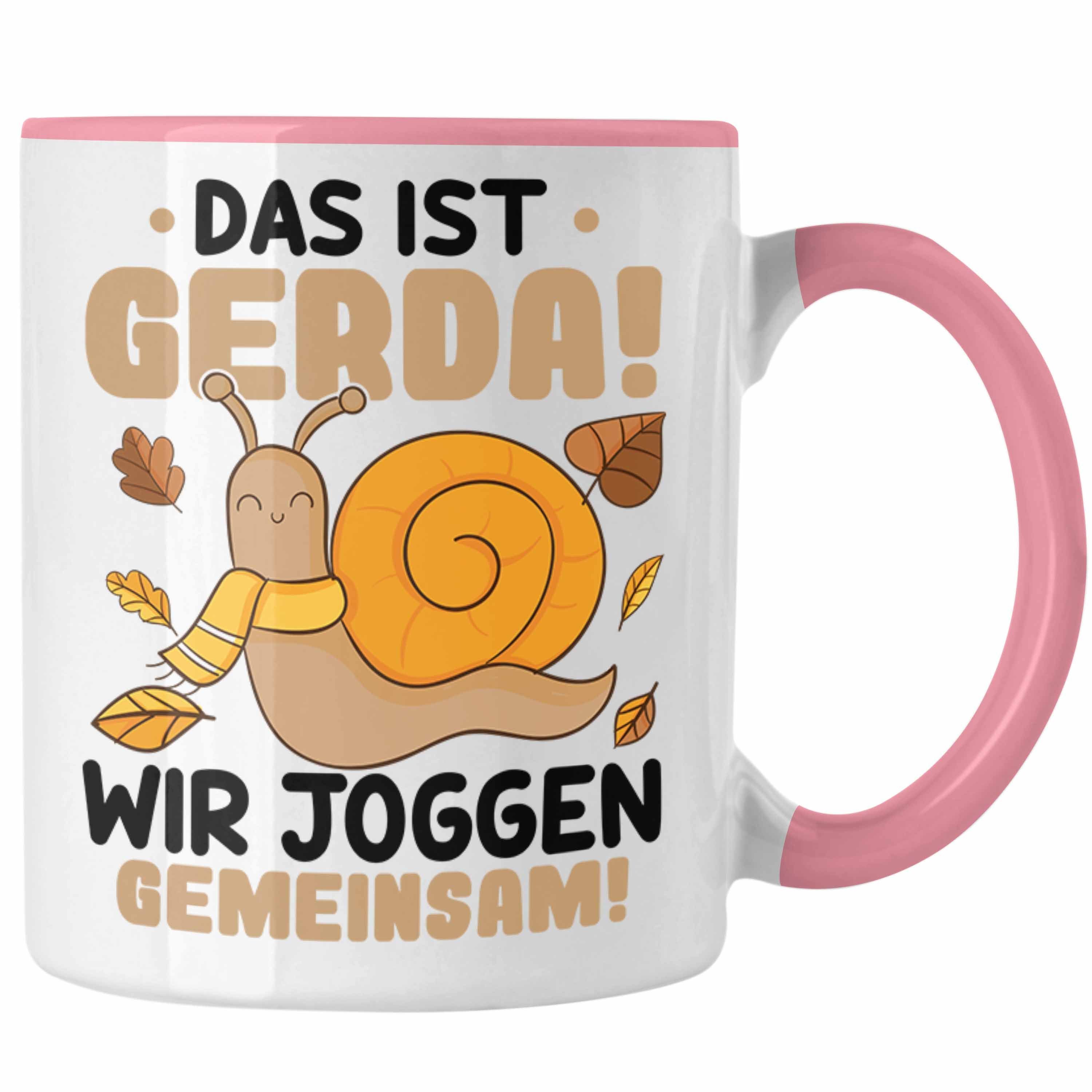 Trendation Tasse Trendation - Das Ist Gerda Wir Joggen Gemeinsam Tasse Schnecke Geschenk Jogger Lustiger Spruch Rosa